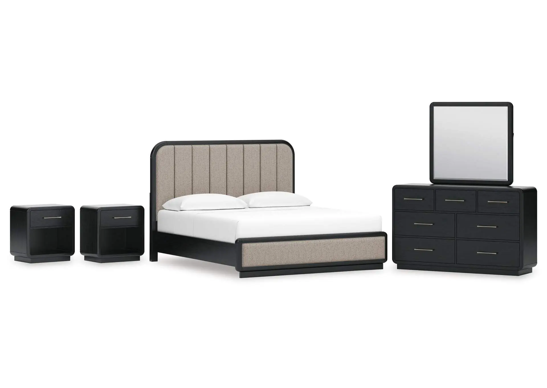 Rowanbeck King Upholstered Panel Bed, Dresser, Mirror and 2 Nightstands
