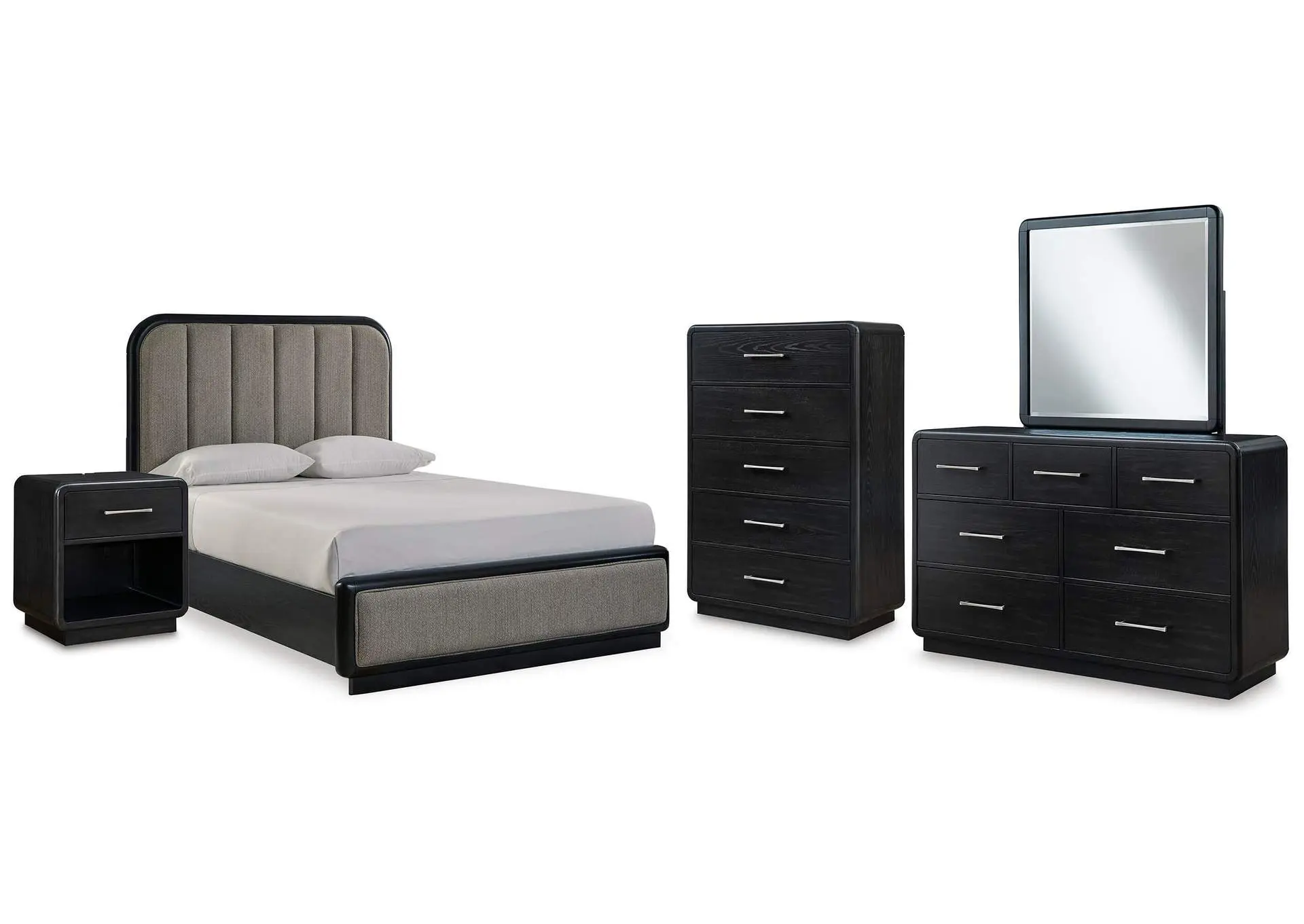 Rowanbeck Queen Upholstered Panel Bed with Mirrored Dresser, Chest and Nightstand
