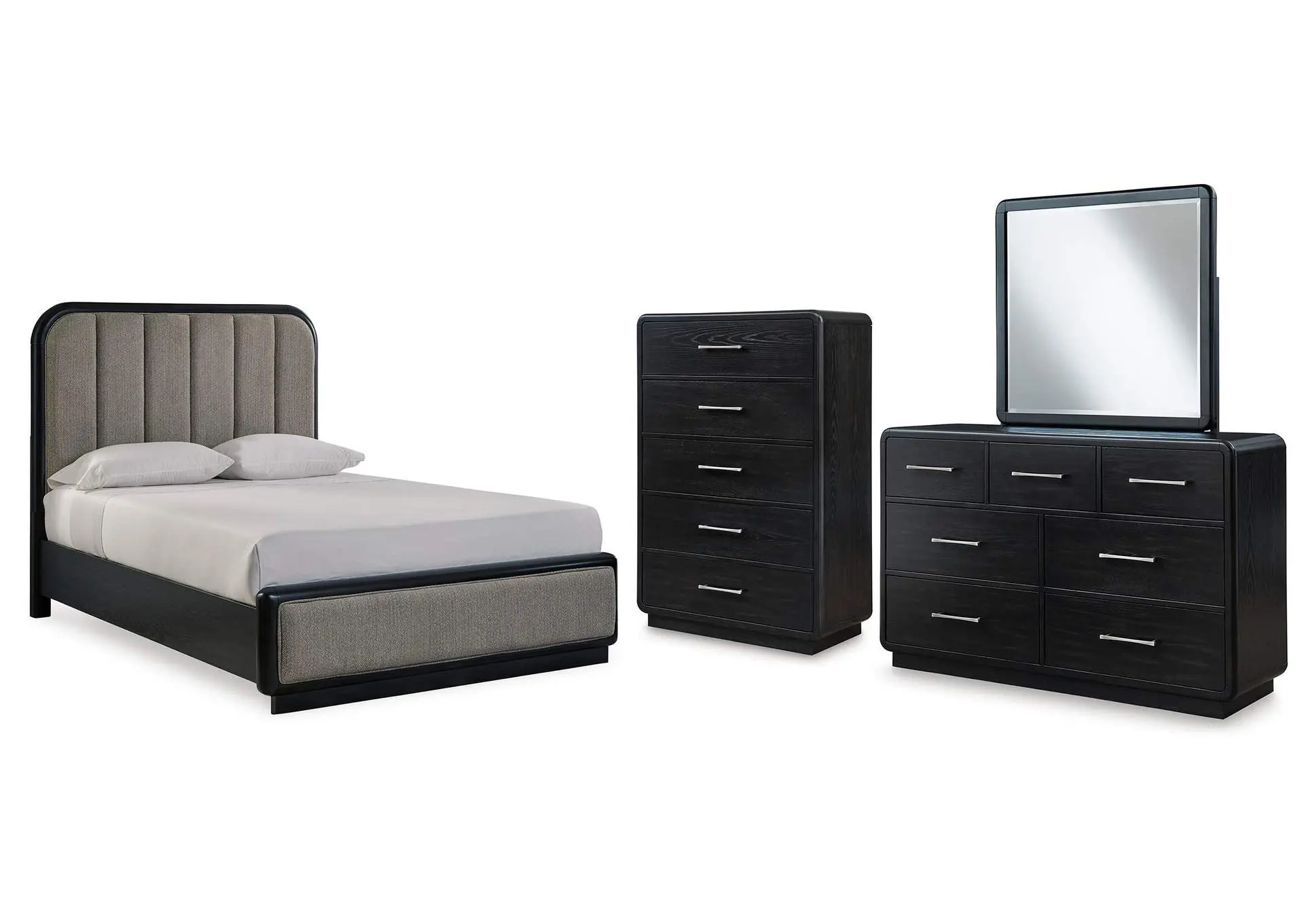 Rowanbeck Queen Upholstered Panel Bed with Mirrored Dresser and Chest