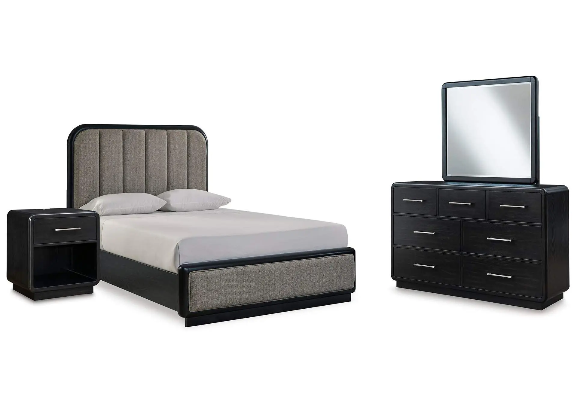 Rowanbeck Queen Upholstered Panel Bed with Mirrored Dresser and Nightstand