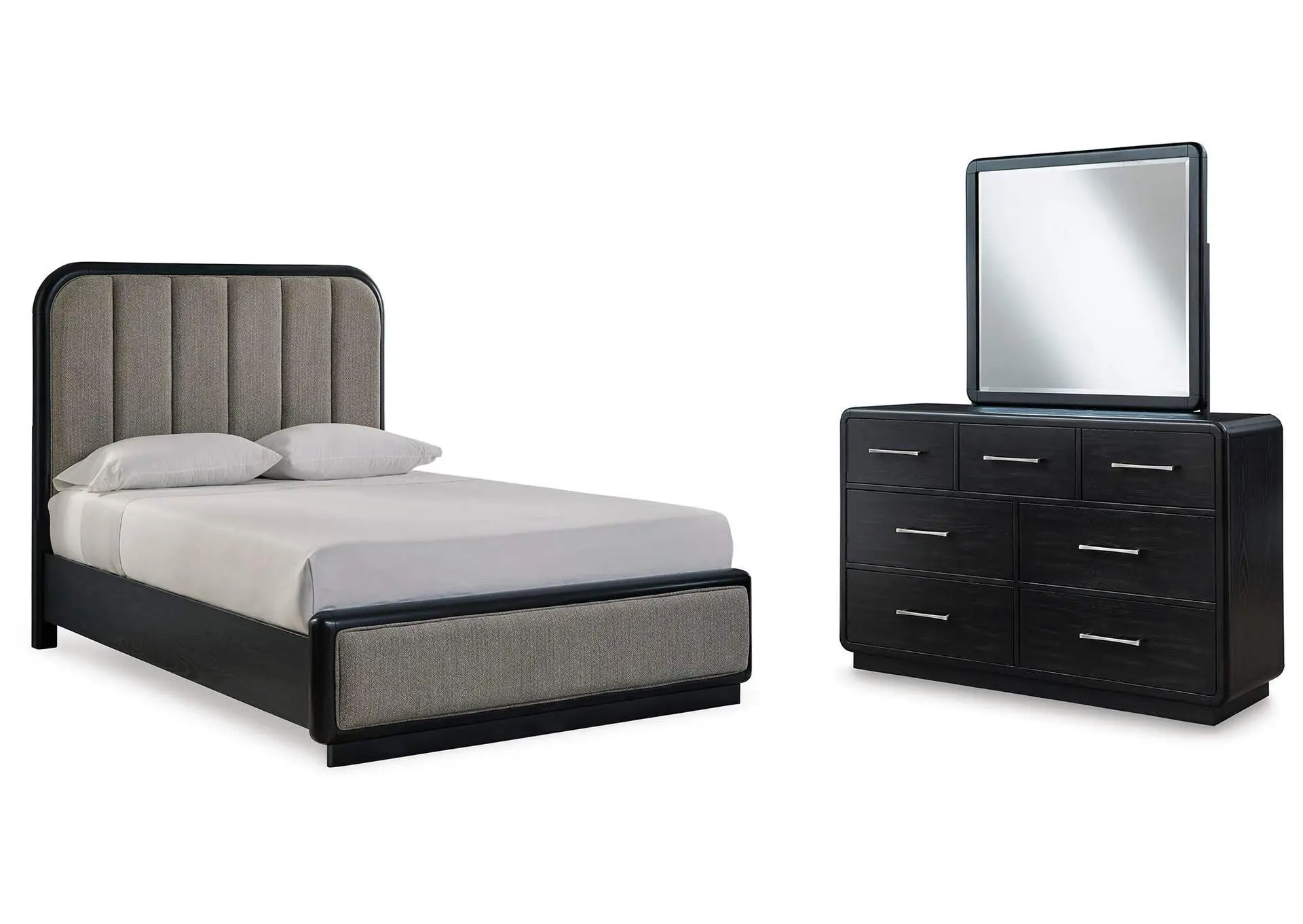 Rowanbeck Queen Upholstered Panel Bed with Mirrored Dresser