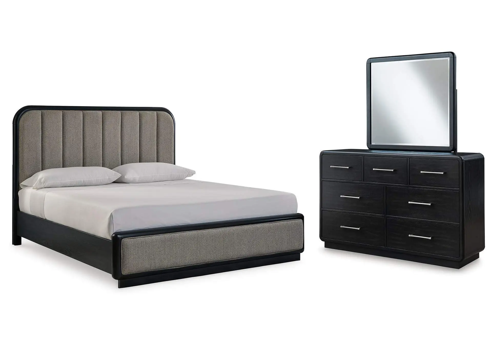 Rowanbeck King Upholstered Panel Bed with Mirrored Dresser