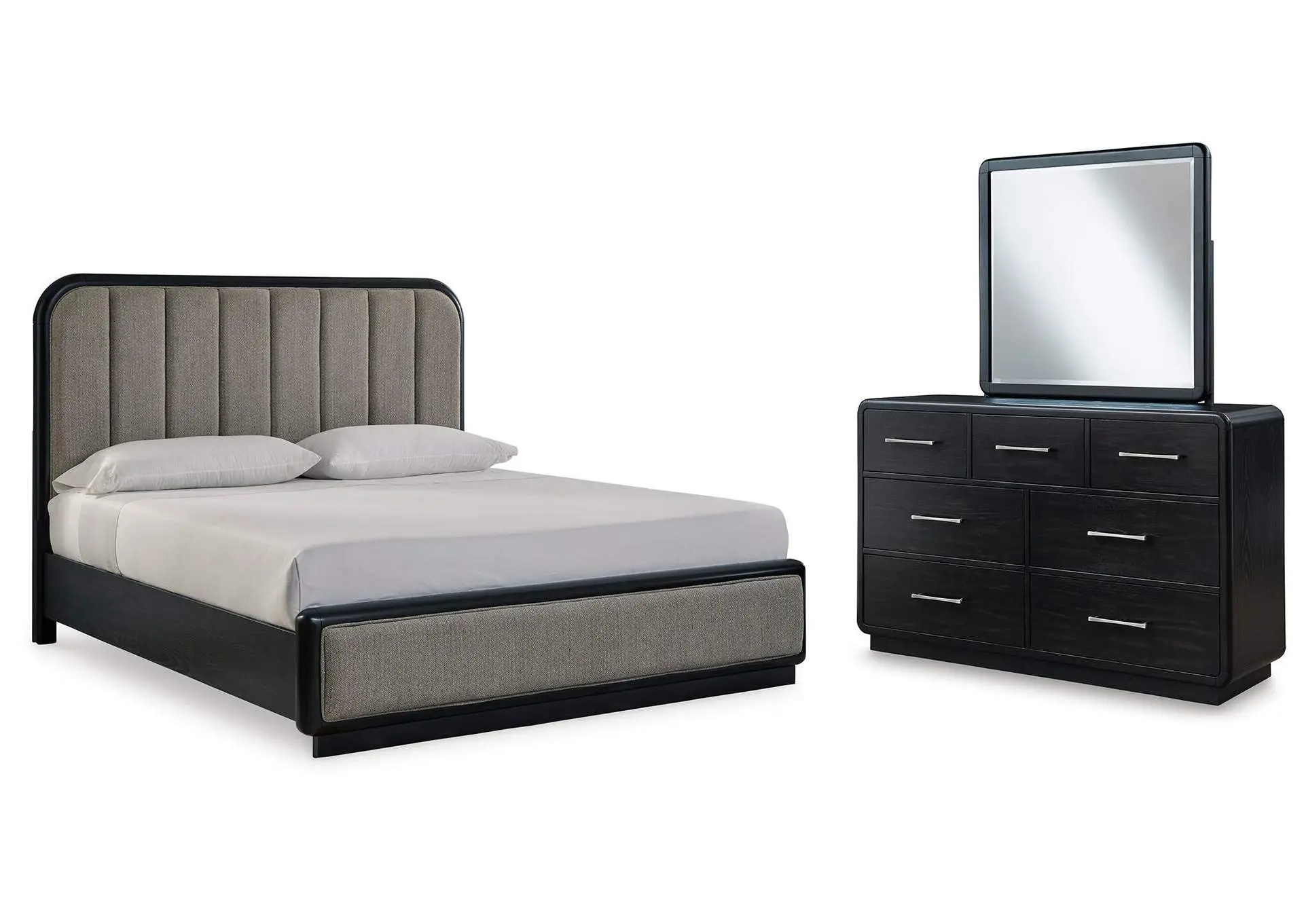 Rowanbeck California King Upholstered Panel Bed with Mirrored Dresser