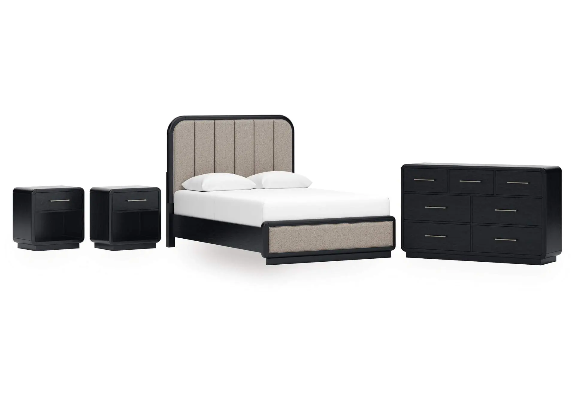 Rowanbeck Queen Upholstered Panel Bed, Dresser and 2 Nightstands