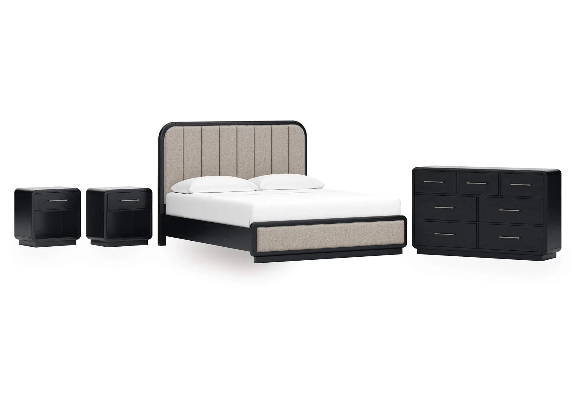 Rowanbeck California King Upholstered Panel Bed, Dresser and 2 Nightstands