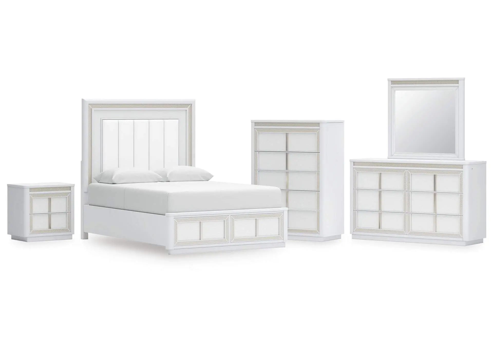 Chalanna Queen Upholstered Storage Bed, Dresser, Mirror, Chest and Nightstand