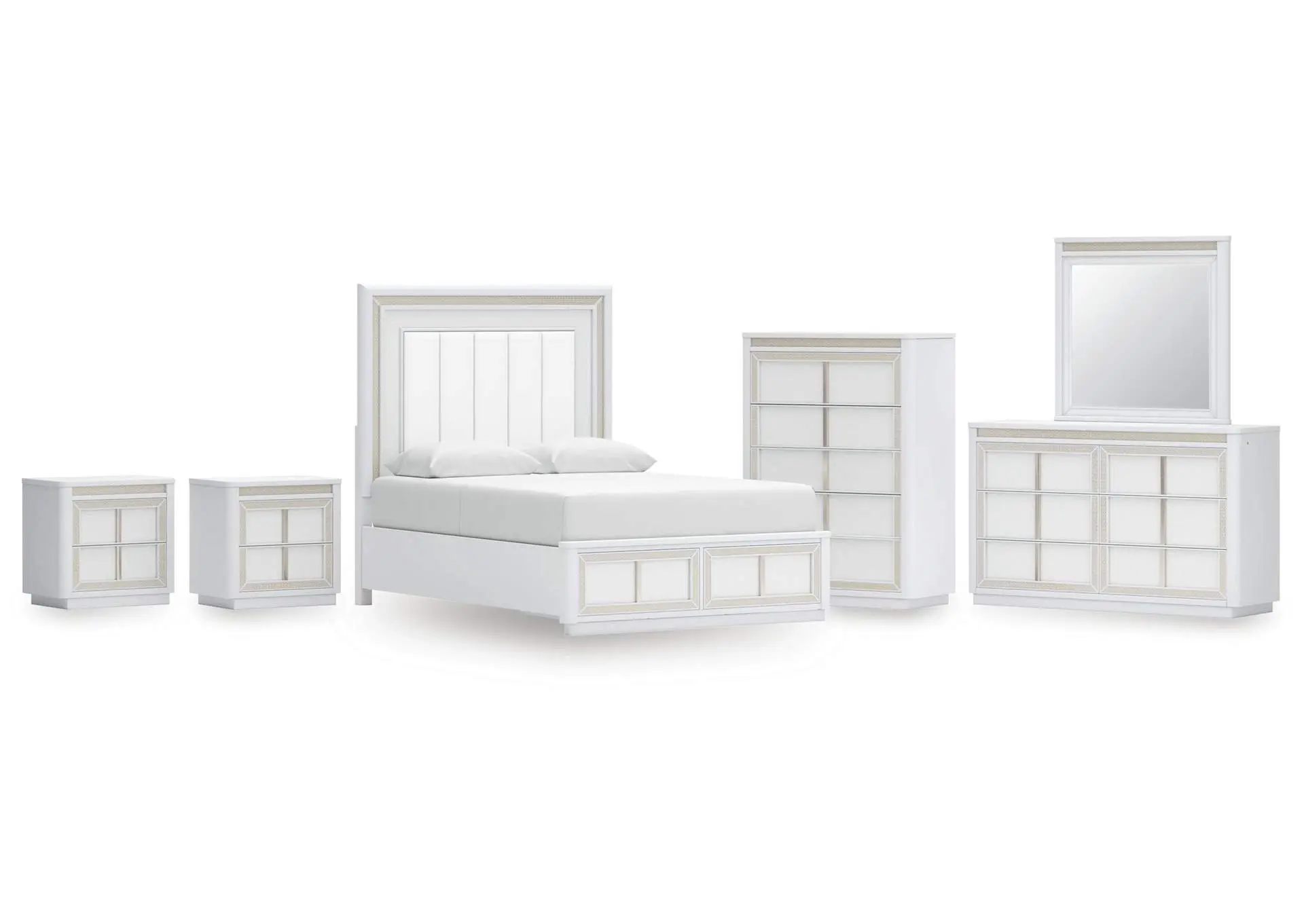 Chalanna Queen Upholstered Storage Bed, Dresser, Mirror, Chest and 2 Nightstands