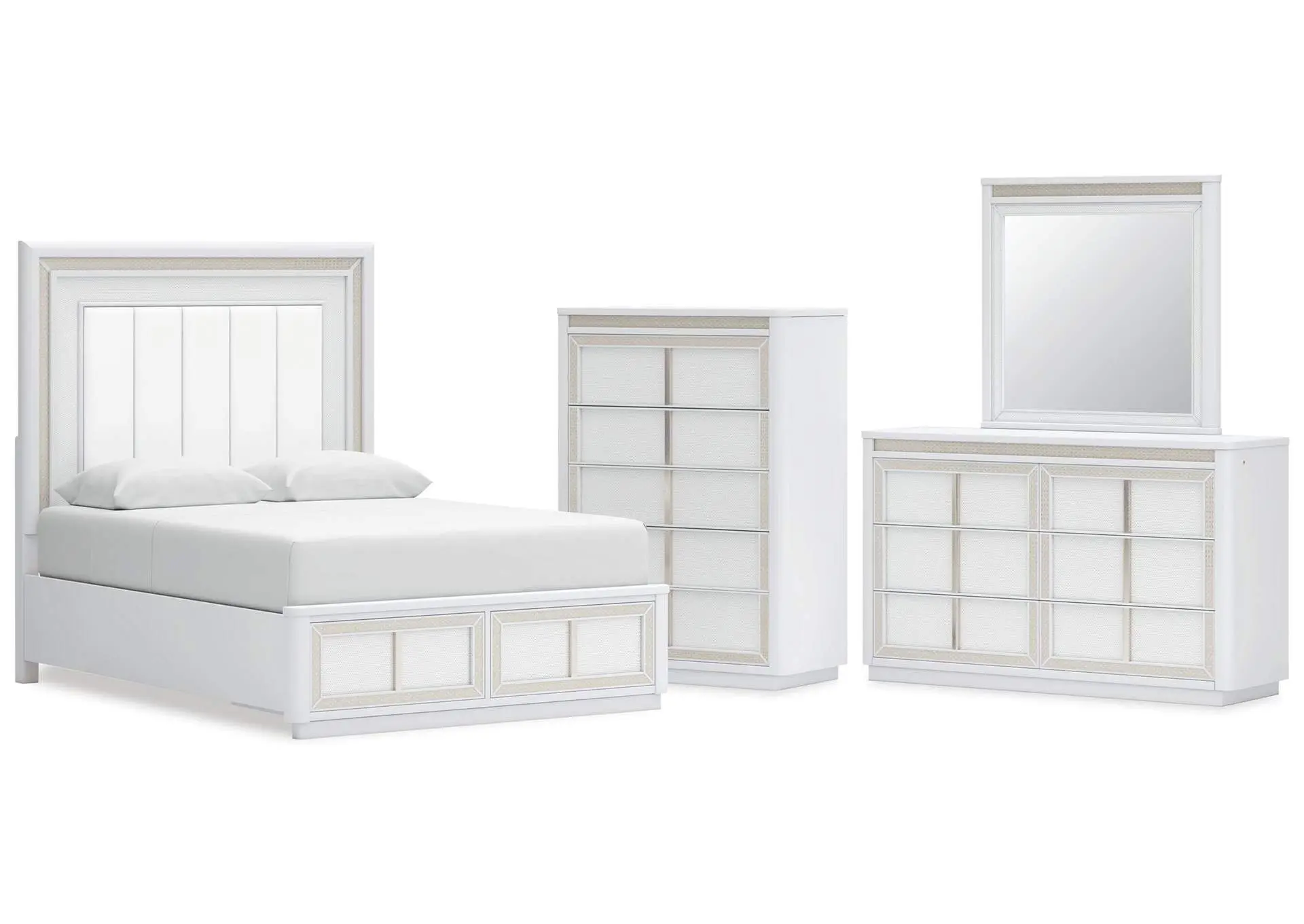 Chalanna Queen Upholstered Storage Bed, Dresser, Mirror and Chest