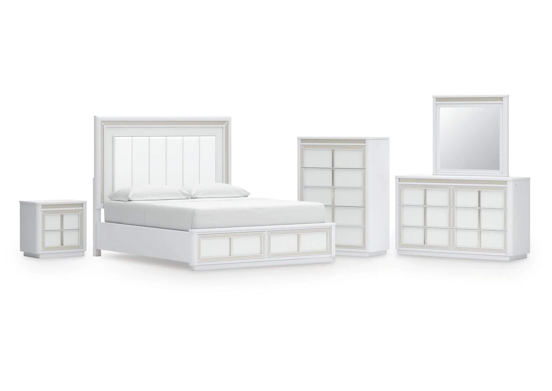 Chalanna California King Upholstered Storage Bed, Dresser, Mirror, Chest and Nightstand