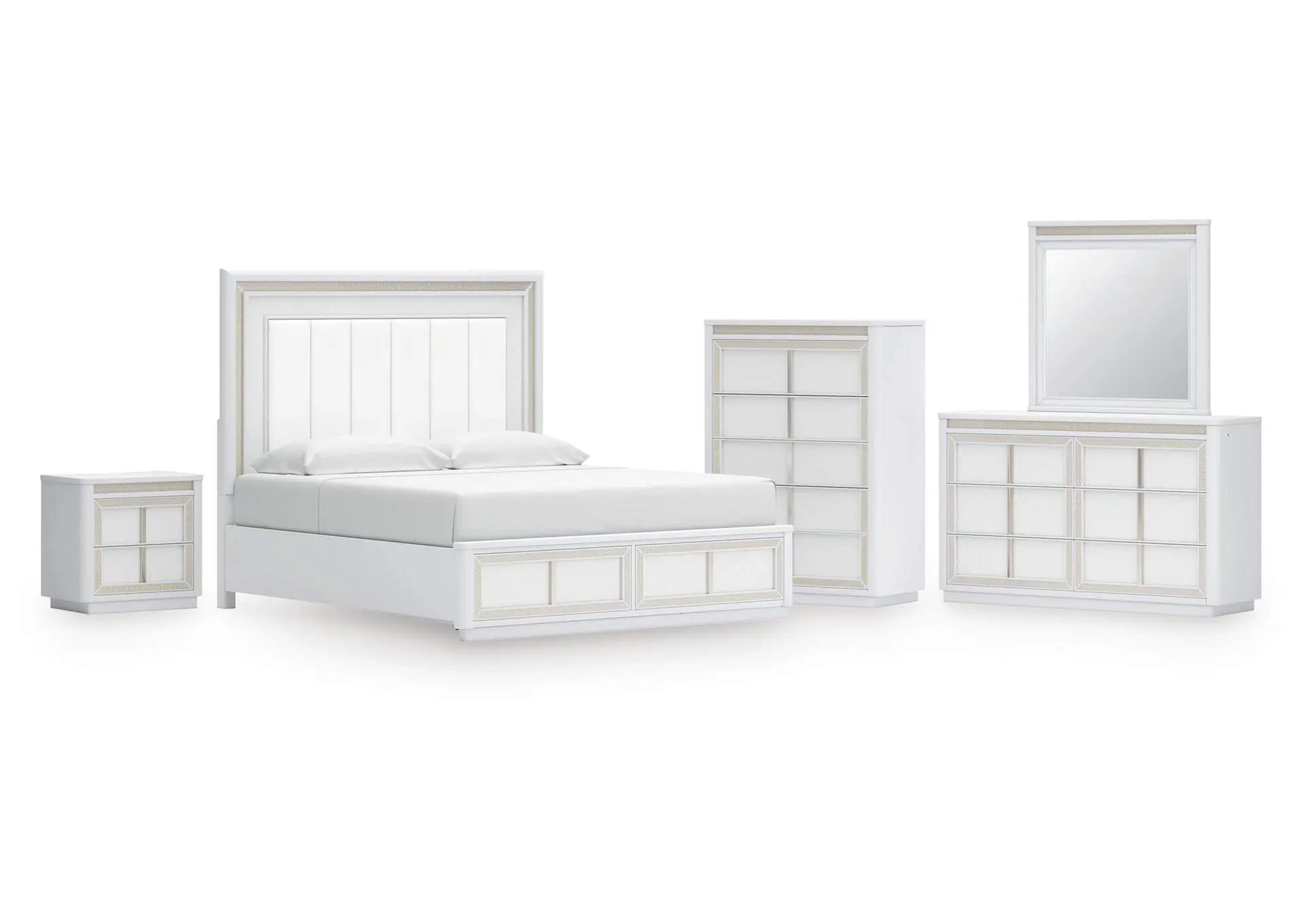 Chalanna King Upholstered Storage Bed, Dresser, Mirror, Chest and Nightstand