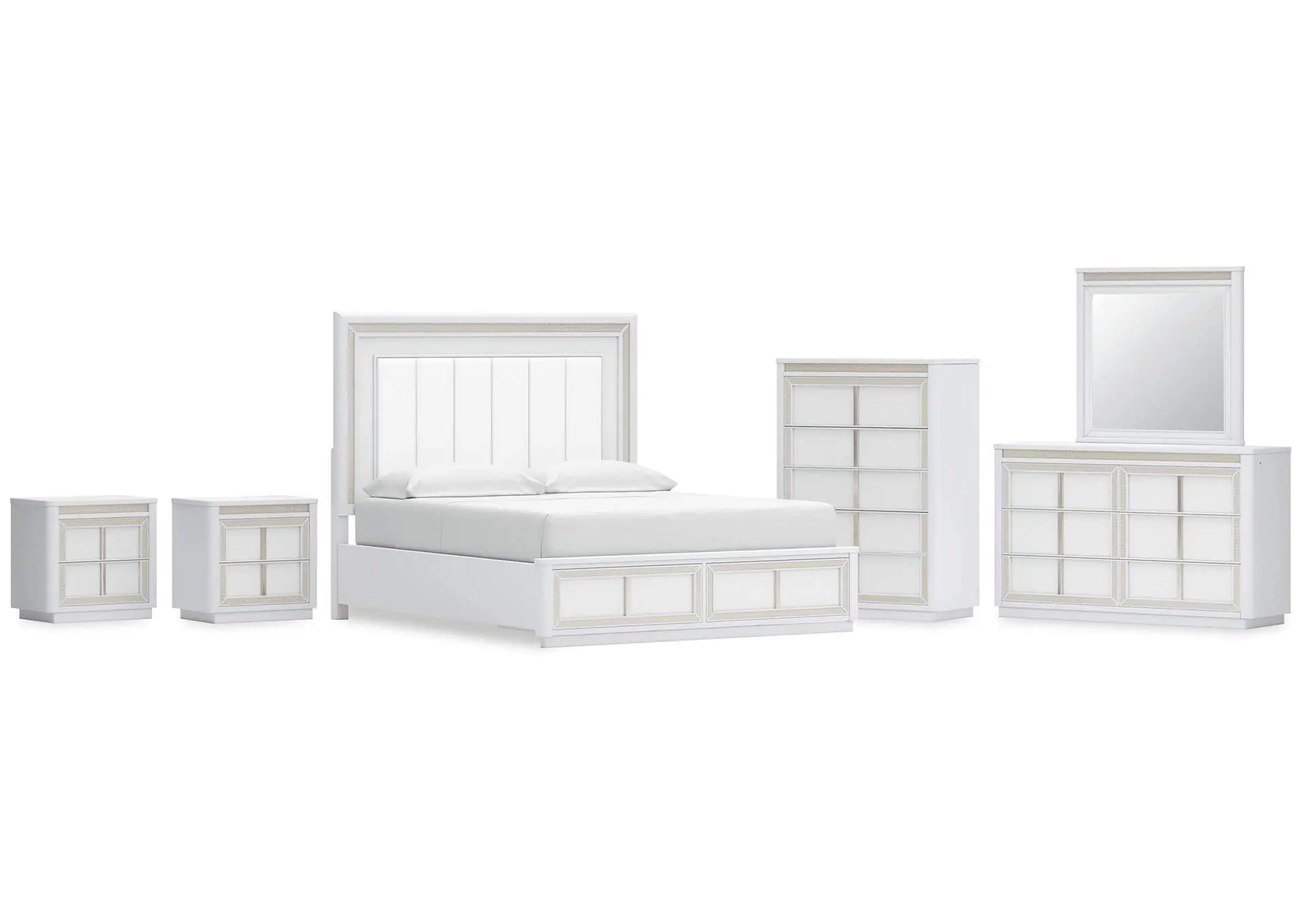 Chalanna California King Upholstered Storage Bed, Dresser, Mirror, Chest and 2 Nightstands