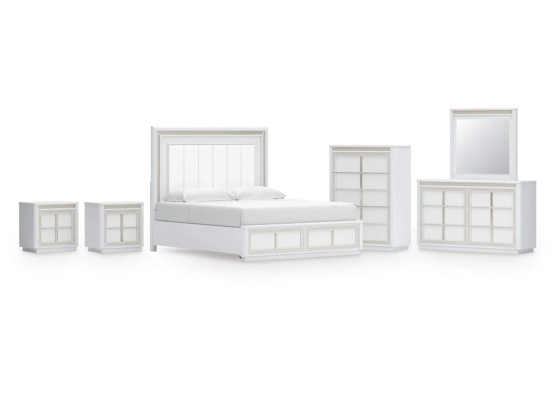 Chalanna King Upholstered Storage Bed, Dresser, Mirror, Chest and 2 Nightstands