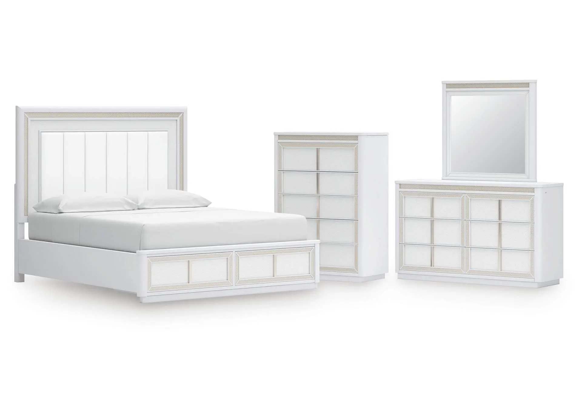 Chalanna California King Upholstered Storage Bed, Dresser, Mirror and Chest