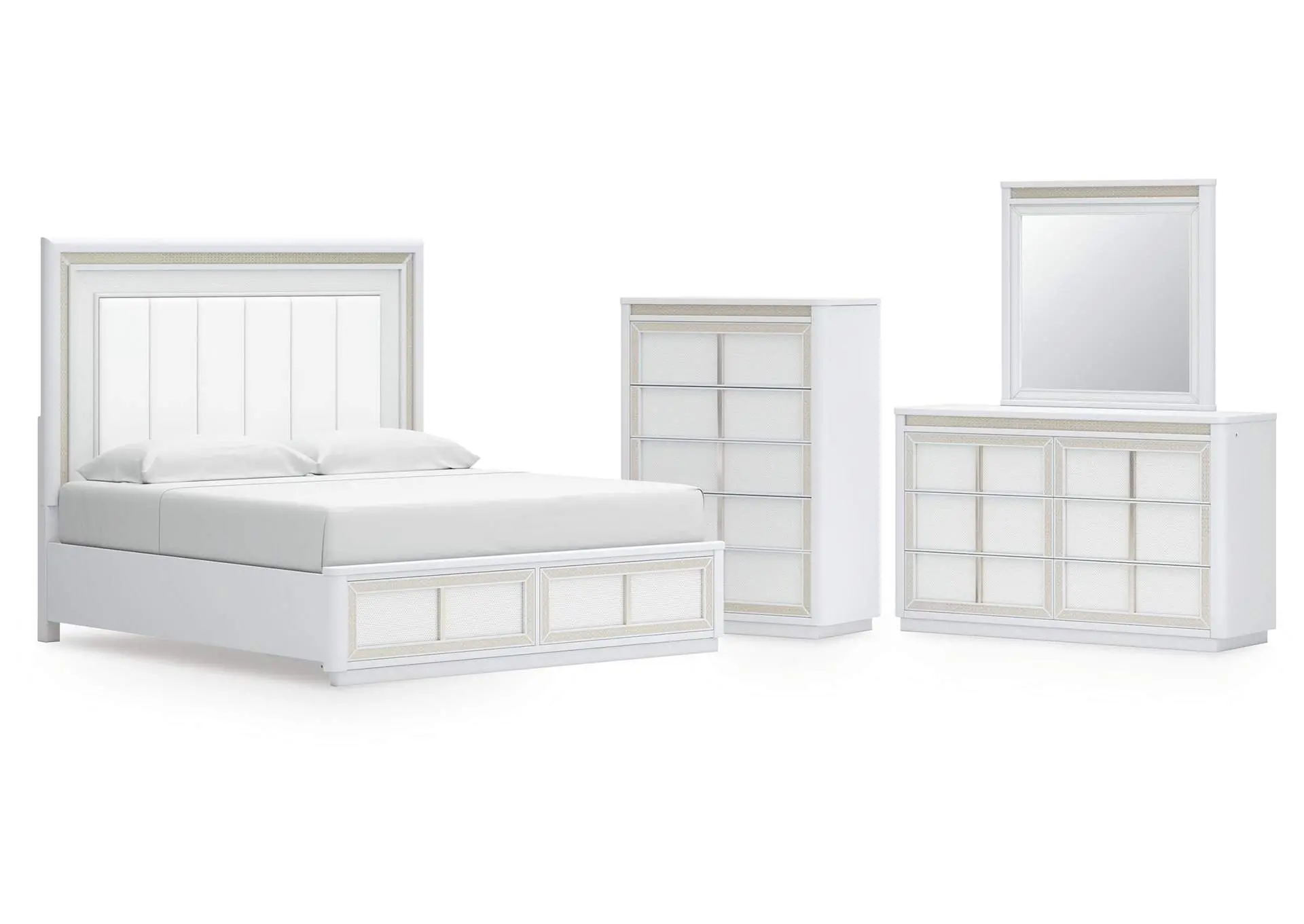 Chalanna King Upholstered Storage Bed, Dresser, Mirror and Chest