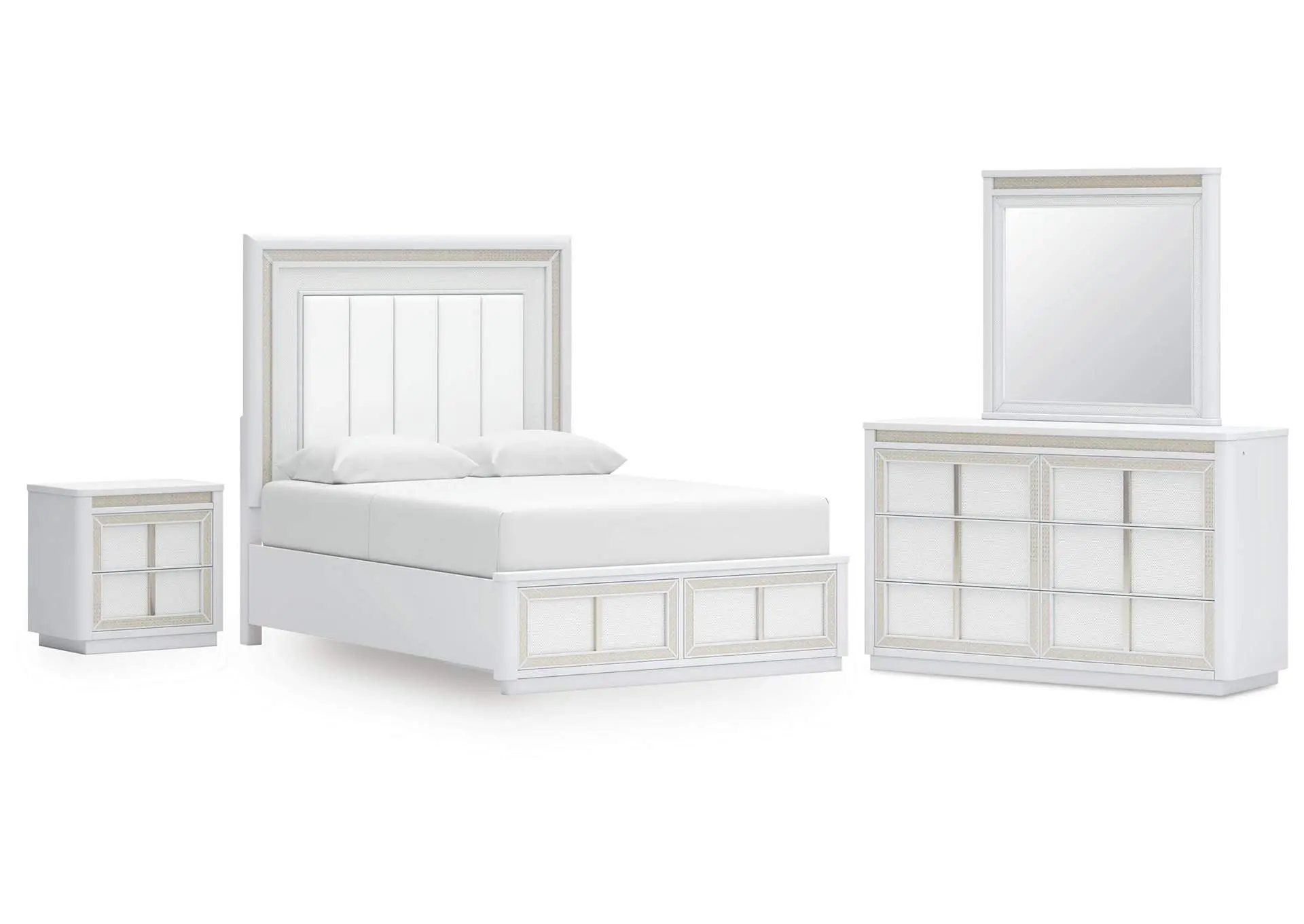 Chalanna Queen Upholstered Storage Bed, Dresser, Mirror and Nightstand