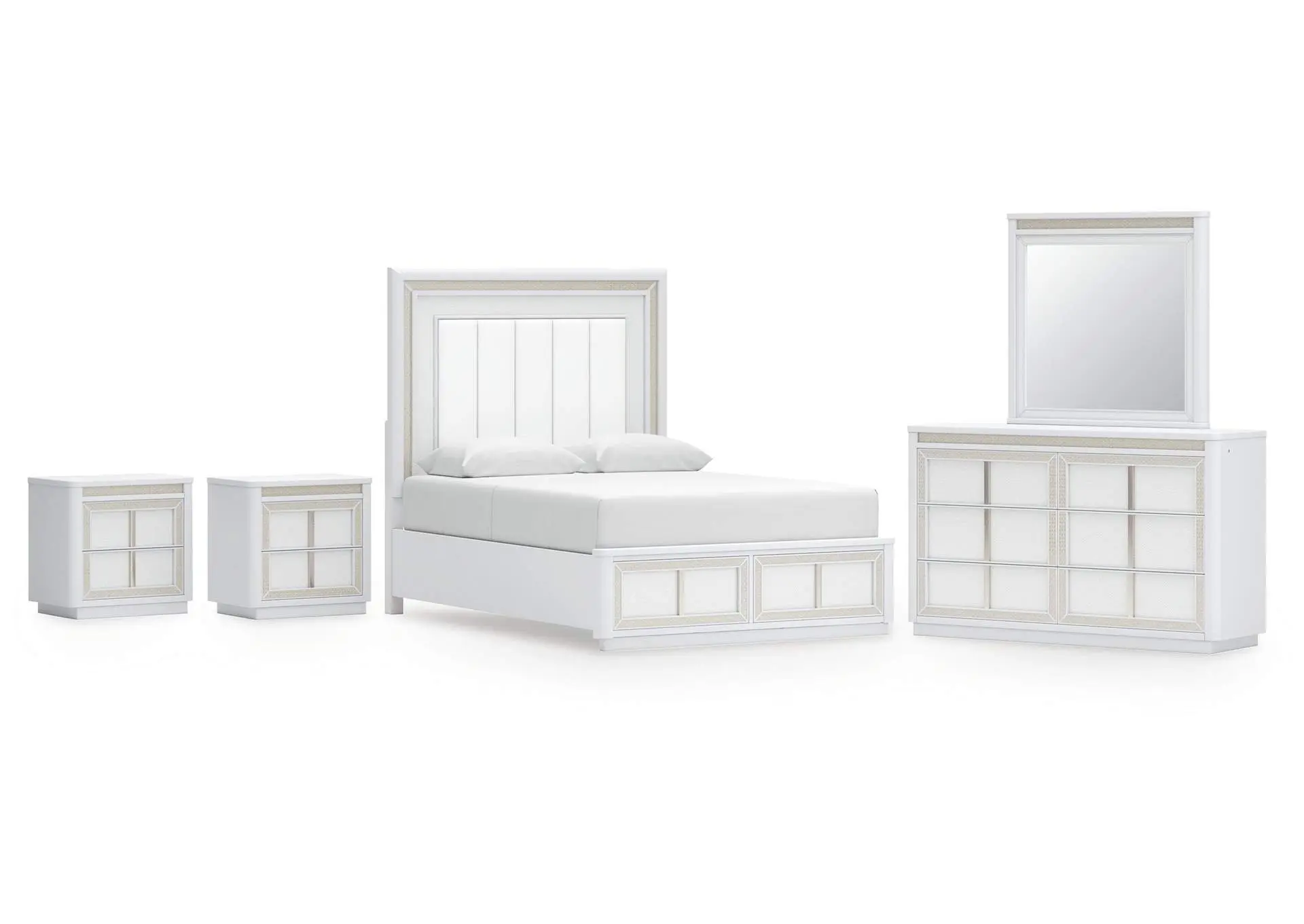 Chalanna Queen Upholstered Storage Bed, Dresser, Mirror and 2 Nightstands