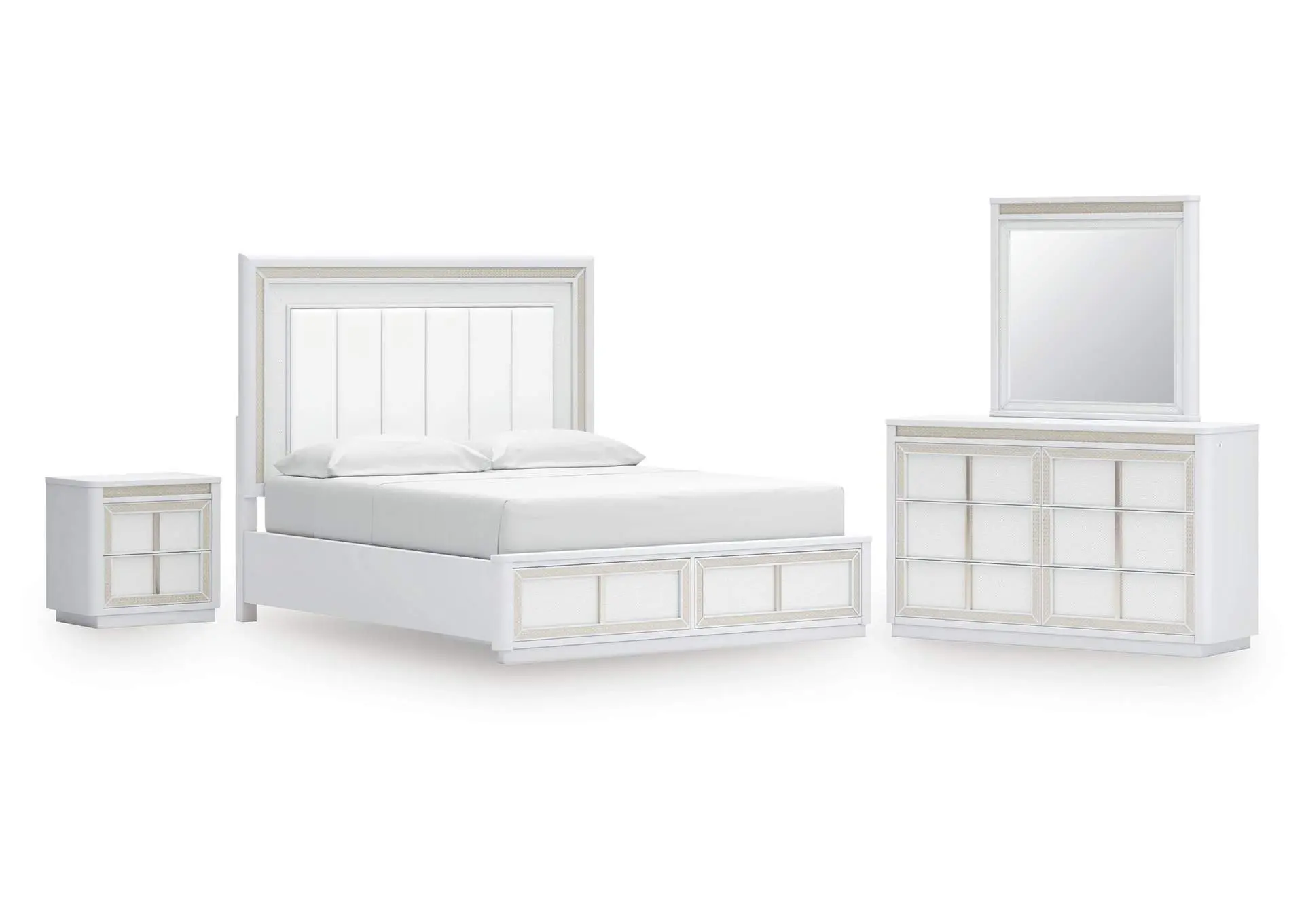 Chalanna California King Upholstered Storage Bed, Dresser, Mirror and Nightstand