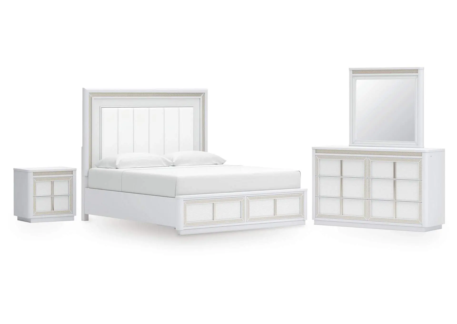 Chalanna California King Upholstered Storage Bed, Dresser and Mirror