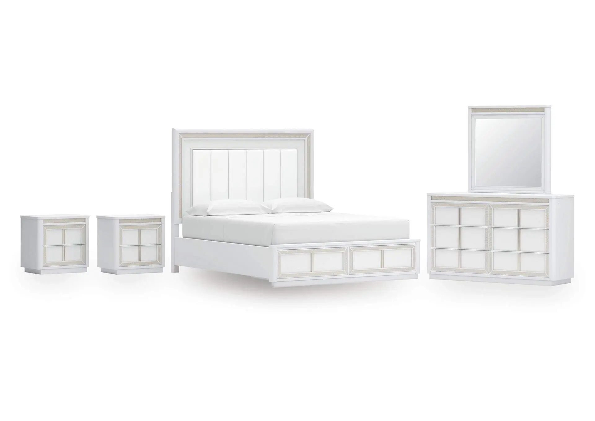 Chalanna California King Upholstered Storage Bed, Dresser, Mirror and 2 Nightstands
