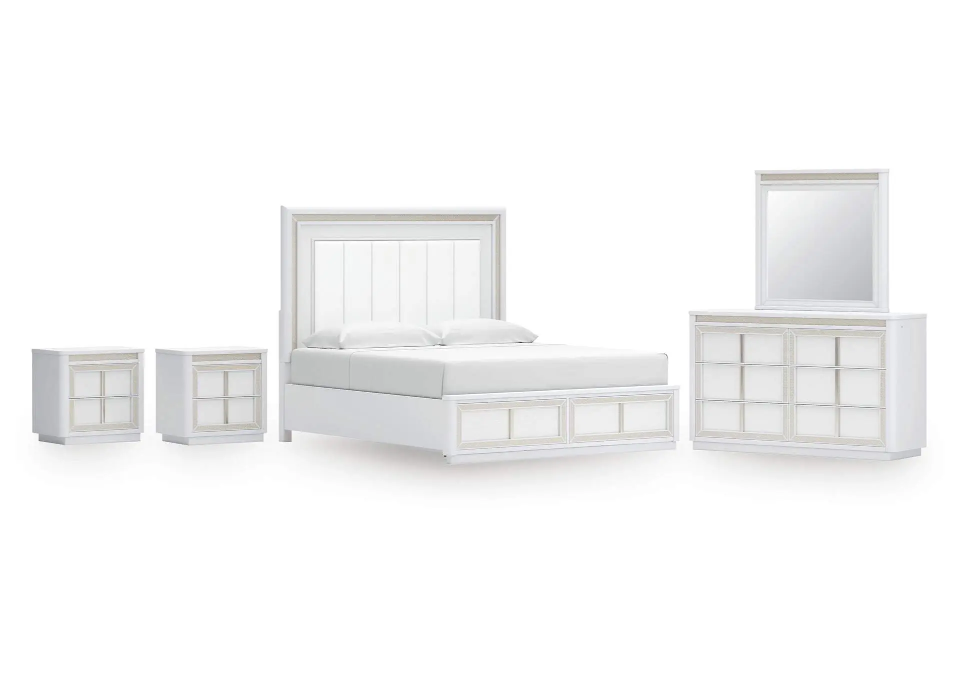 Chalanna King Upholstered Storage Bed, Dresser, Mirror and 2 Nightstands