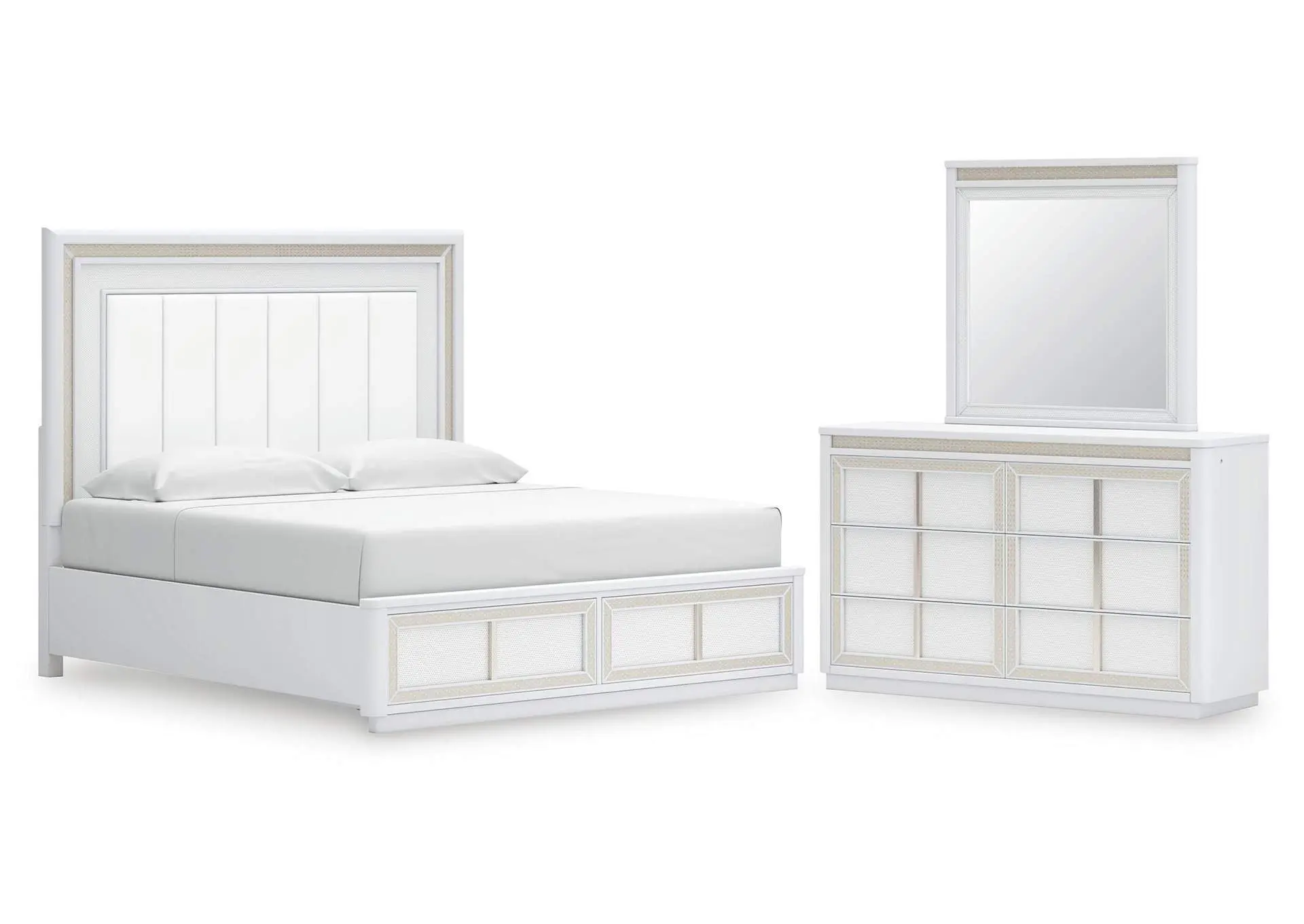 Chalanna King Upholstered Storage Bed, Dresser and Mirror