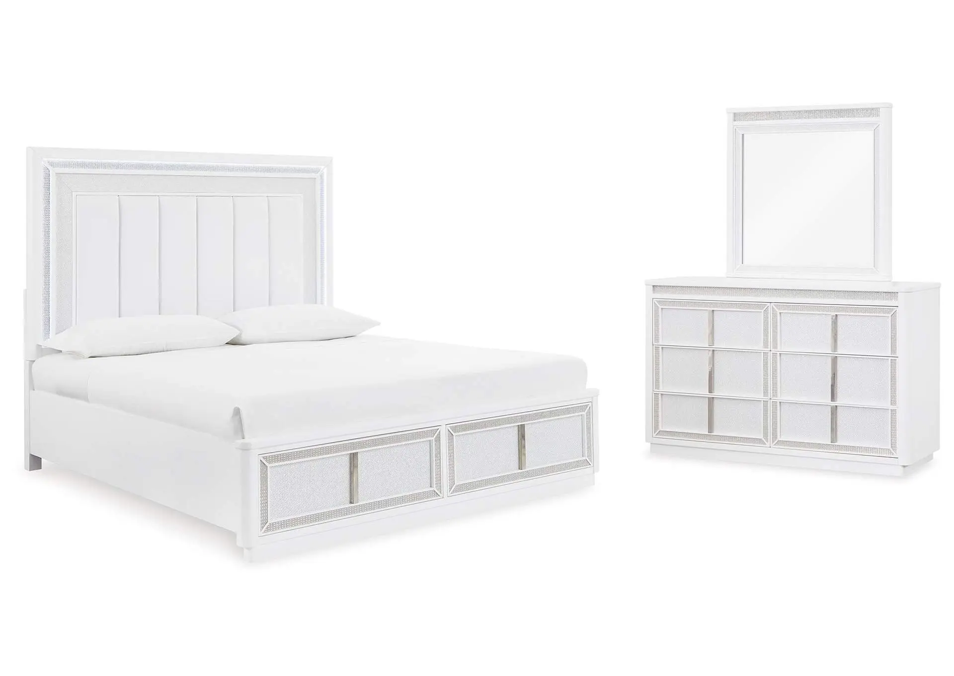 Chalanna Queen Upholstered Storage Bed with Mirrored Dresser