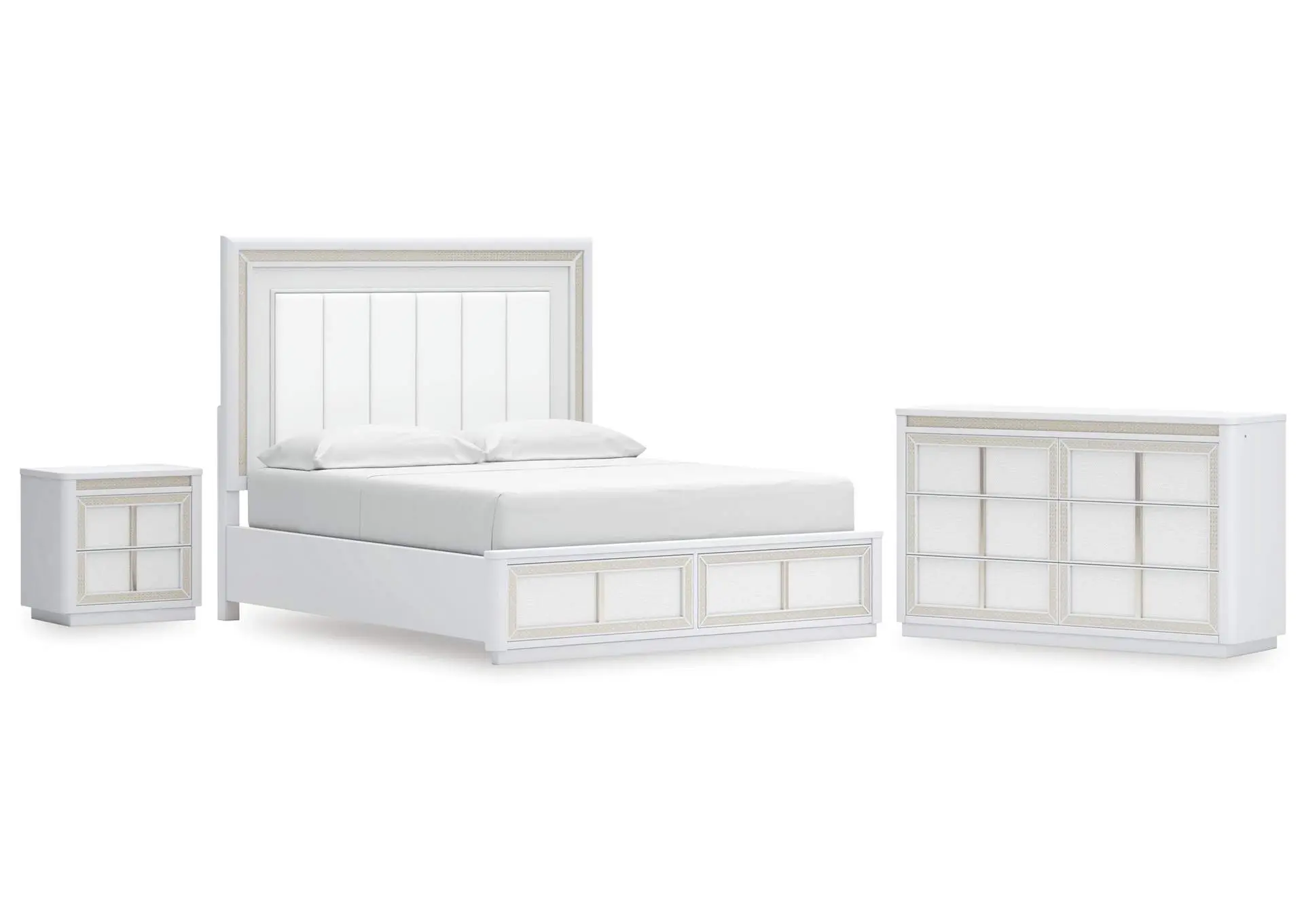 Chalanna California King Upholstered Storage Bed, Dresser and Nightstand