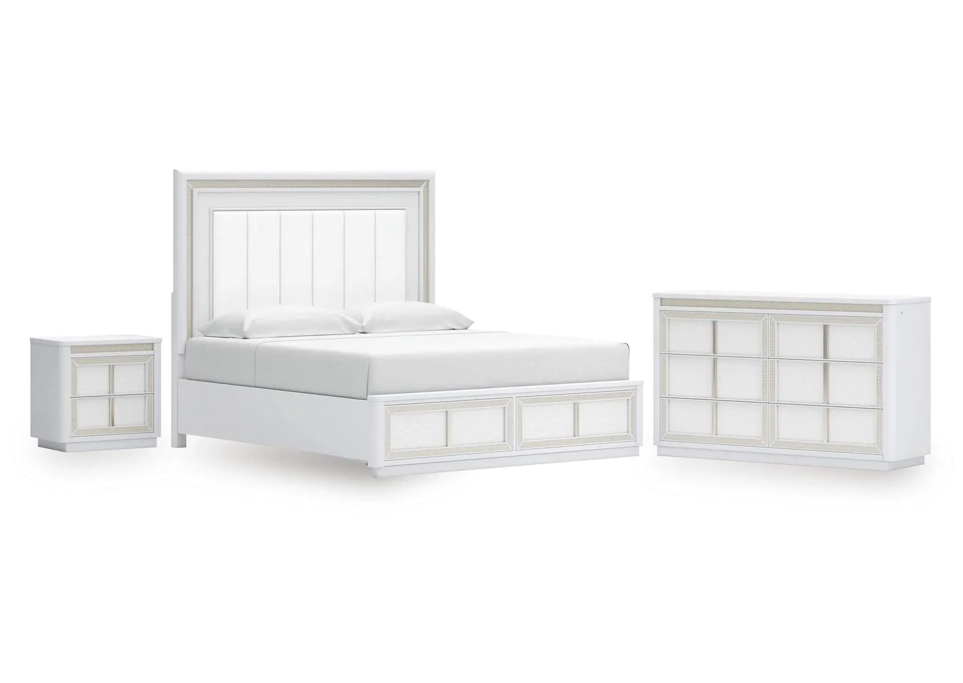 Chalanna King Upholstered Storage Bed, Dresser and Nightstand