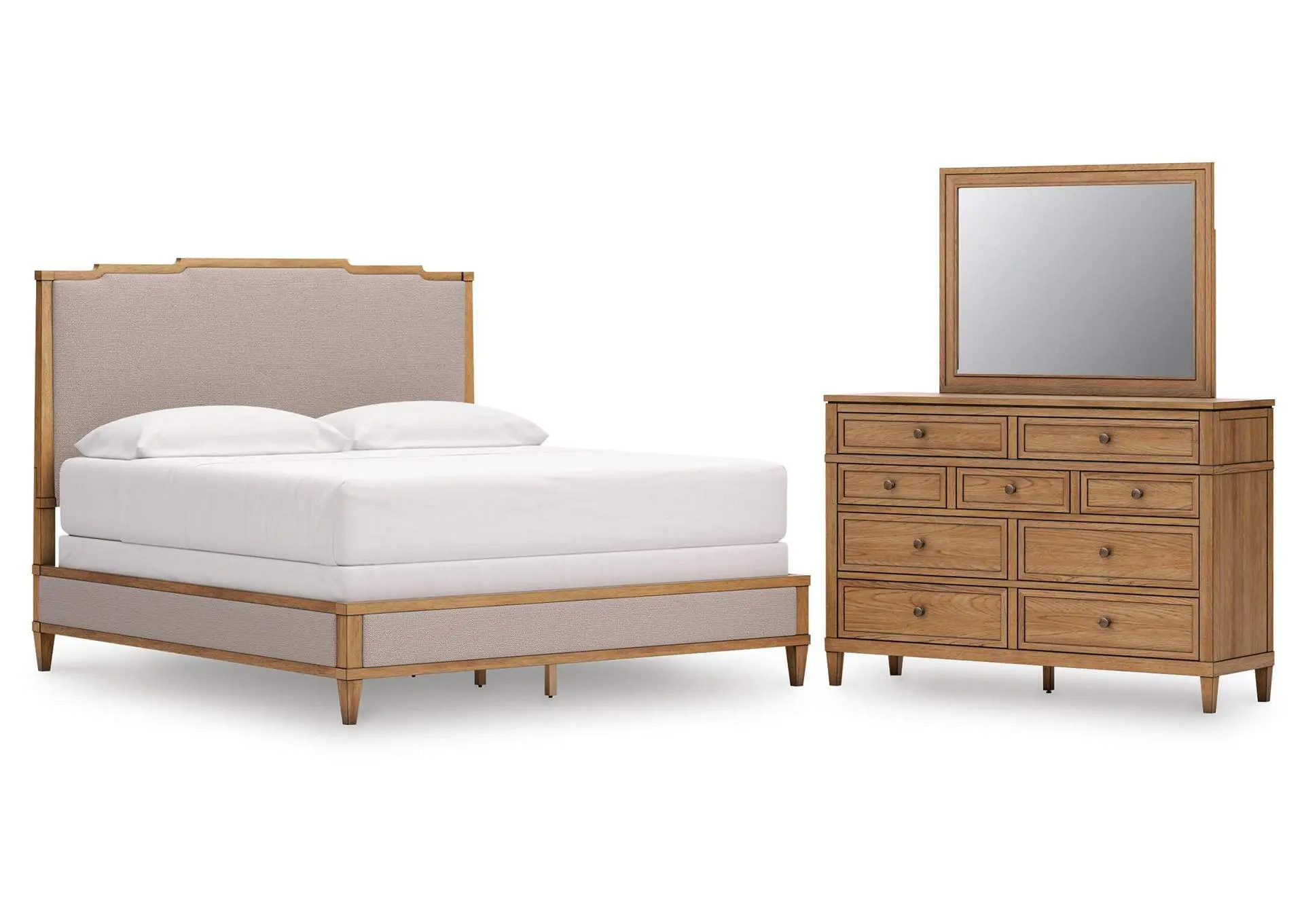 Sharlance King Upholstered Panel Bed, Dresser and Mirror