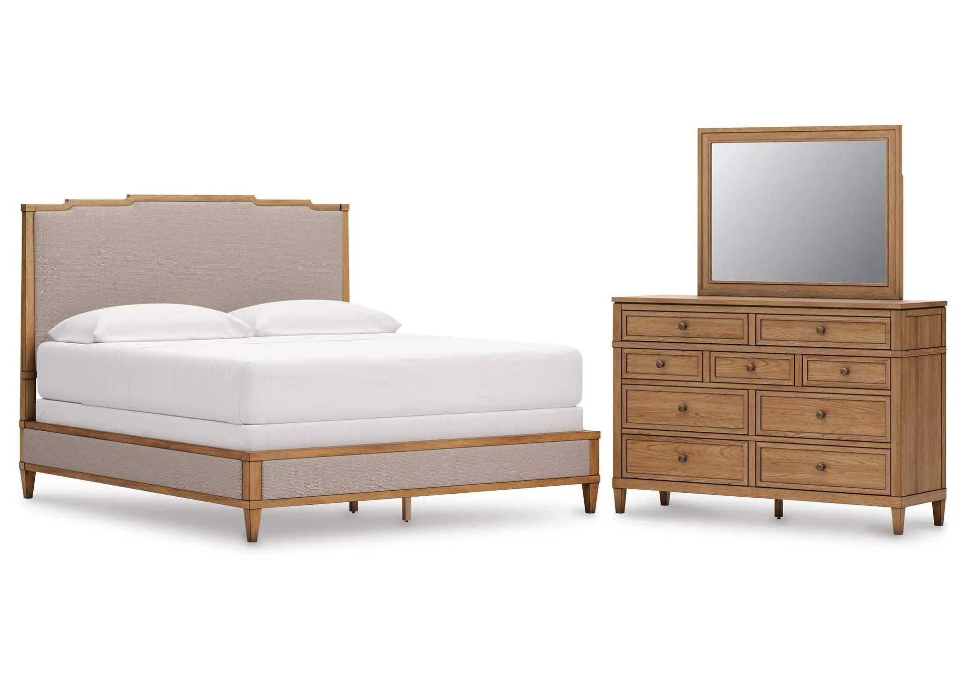 Sharlance California King Upholstered Panel Bed, Dresser and Mirror