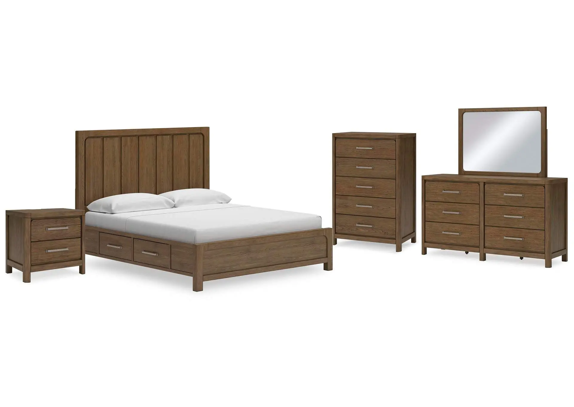 Cabalynn California King Panel Bed with Storage with Mirrored Dresser, Chest and Nightstand