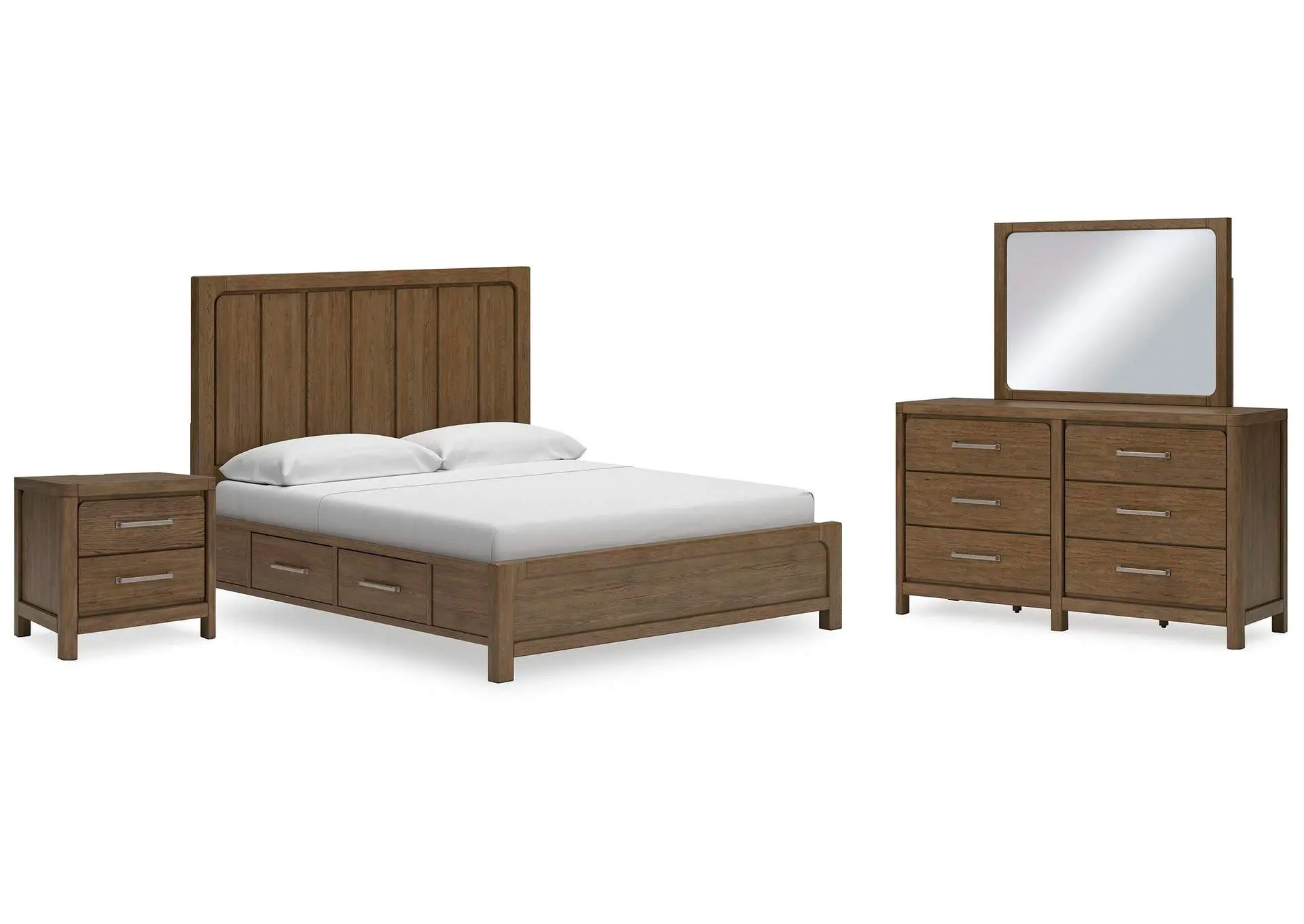 Cabalynn California King Panel Bed with Storage with Mirrored Dresser and Nightstand