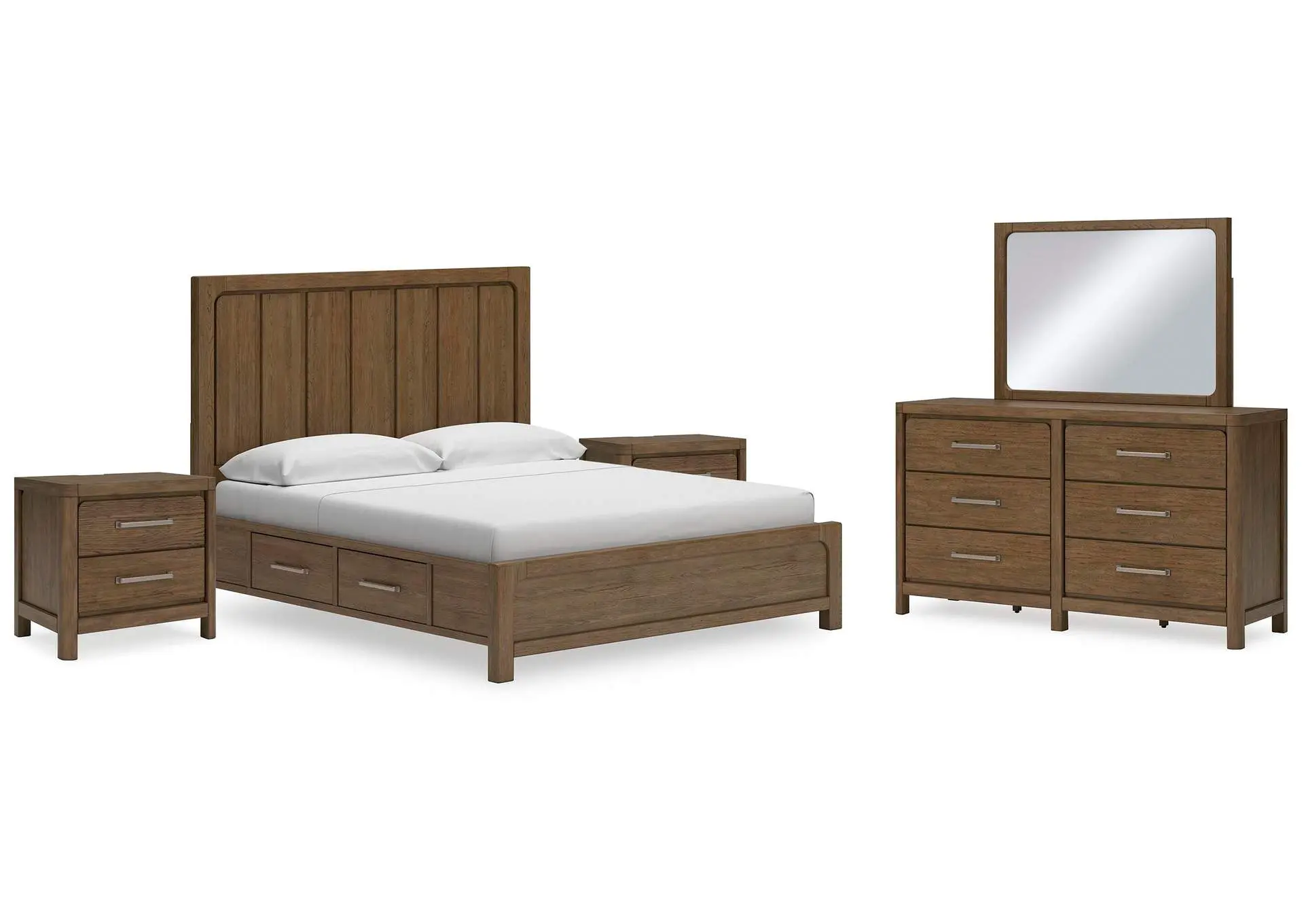Cabalynn California King Panel Bed with Storage with Mirrored Dresser and 2 Nightstands