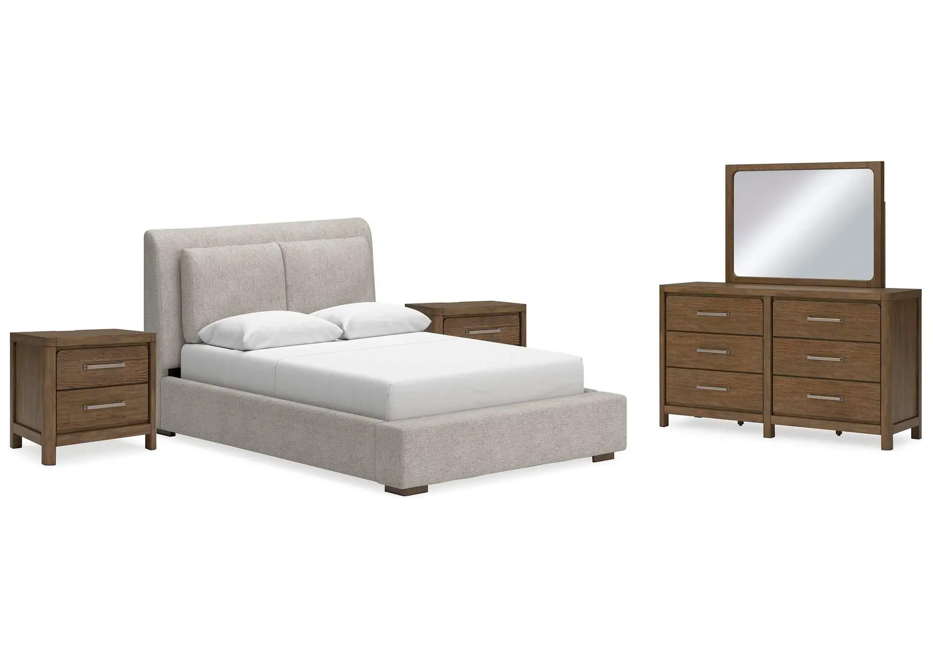 Cabalynn Queen Upholstered Bed with Mirrored Dresser and 2 Nightstands