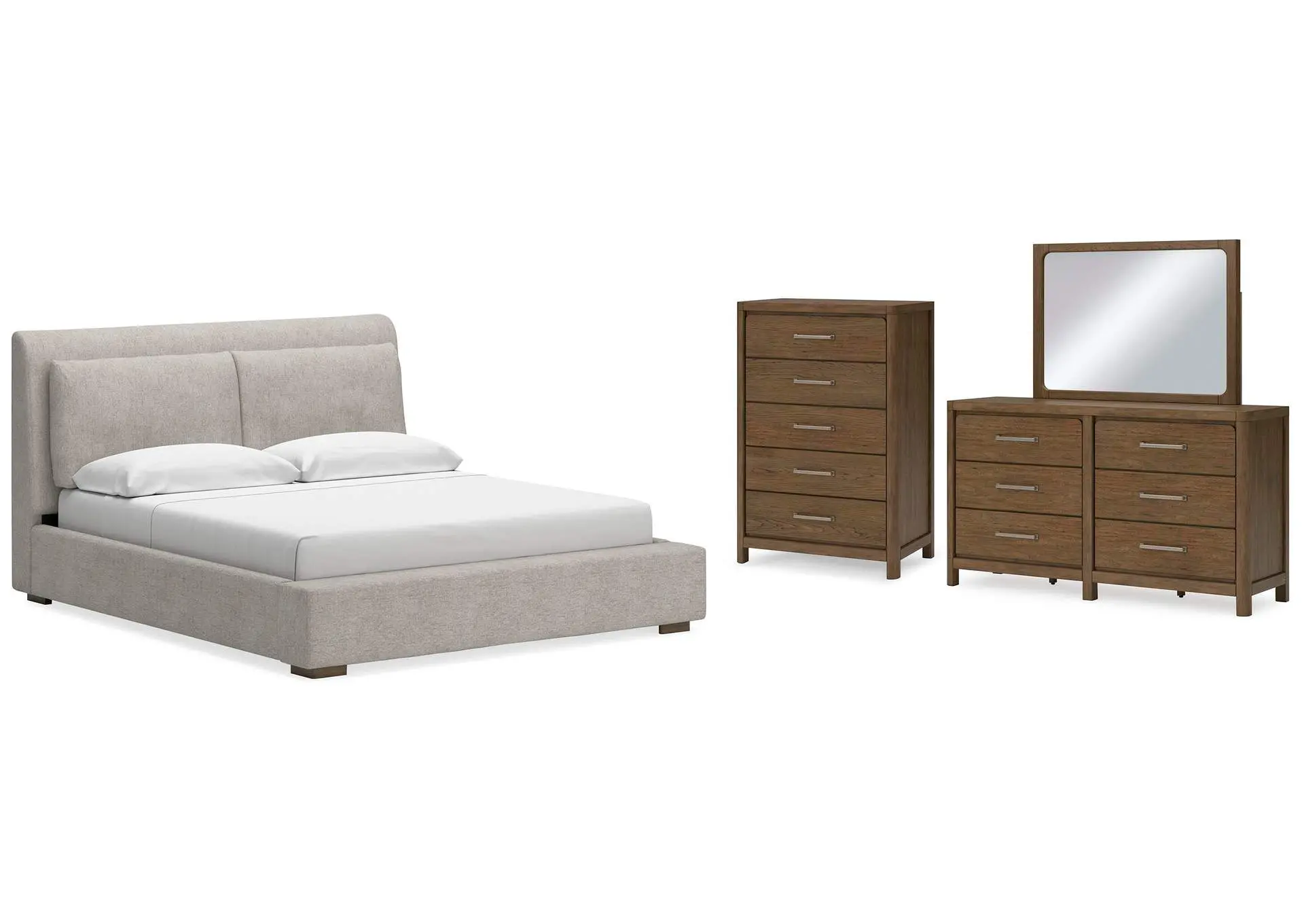 Cabalynn King Upholstered Bed with Mirrored Dresser and Chest