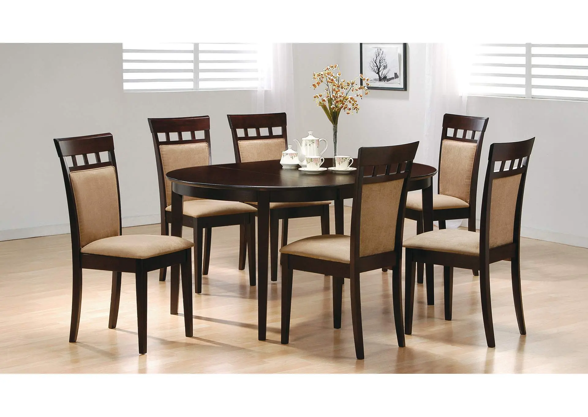 Gabriel 7-Piece Upholstered-Back Oval Extension Dining Set Cappuccino
