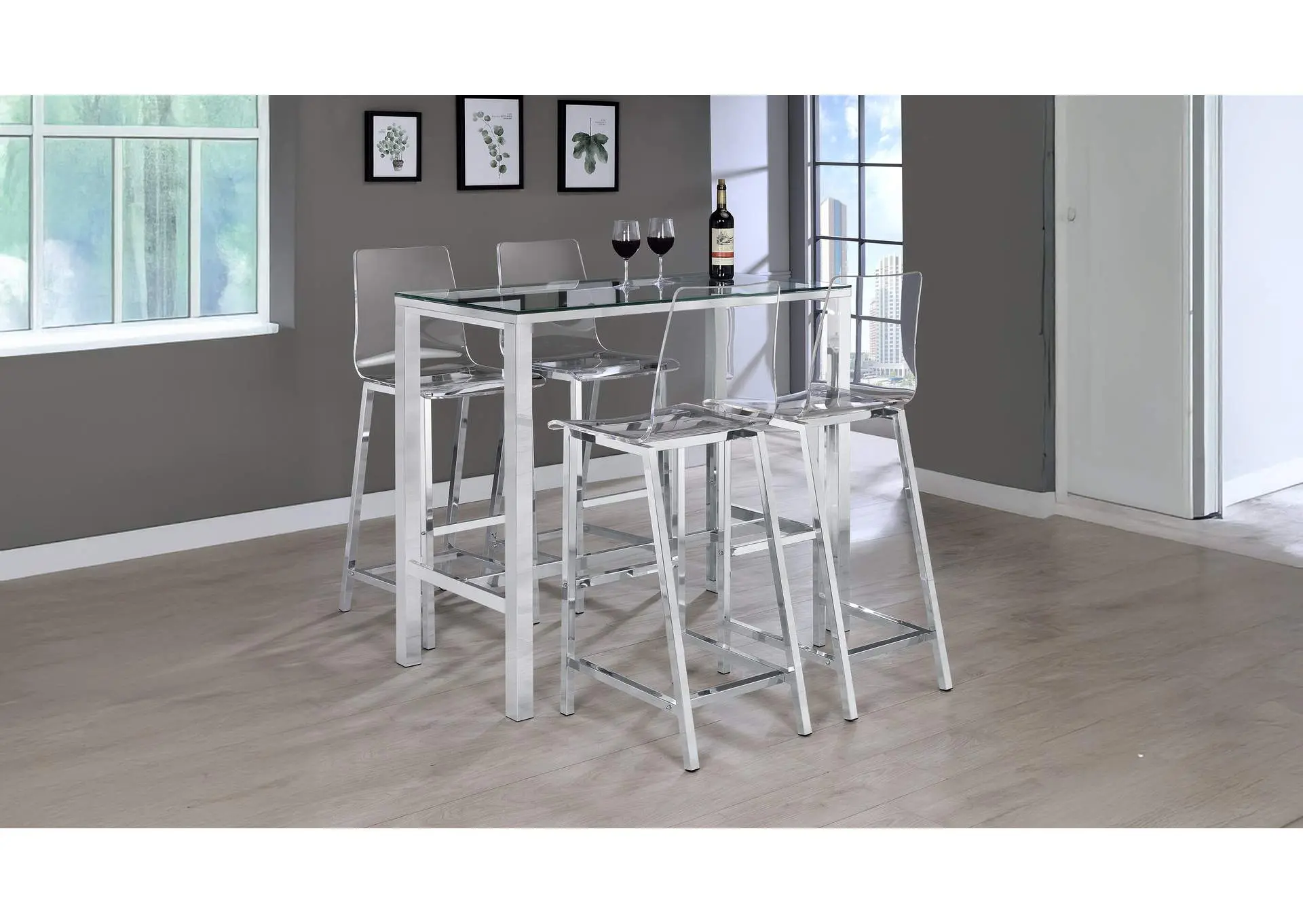 Tolbert 5-Piece Glass Top Bar Table Set with Acrylic Chairs Chrome