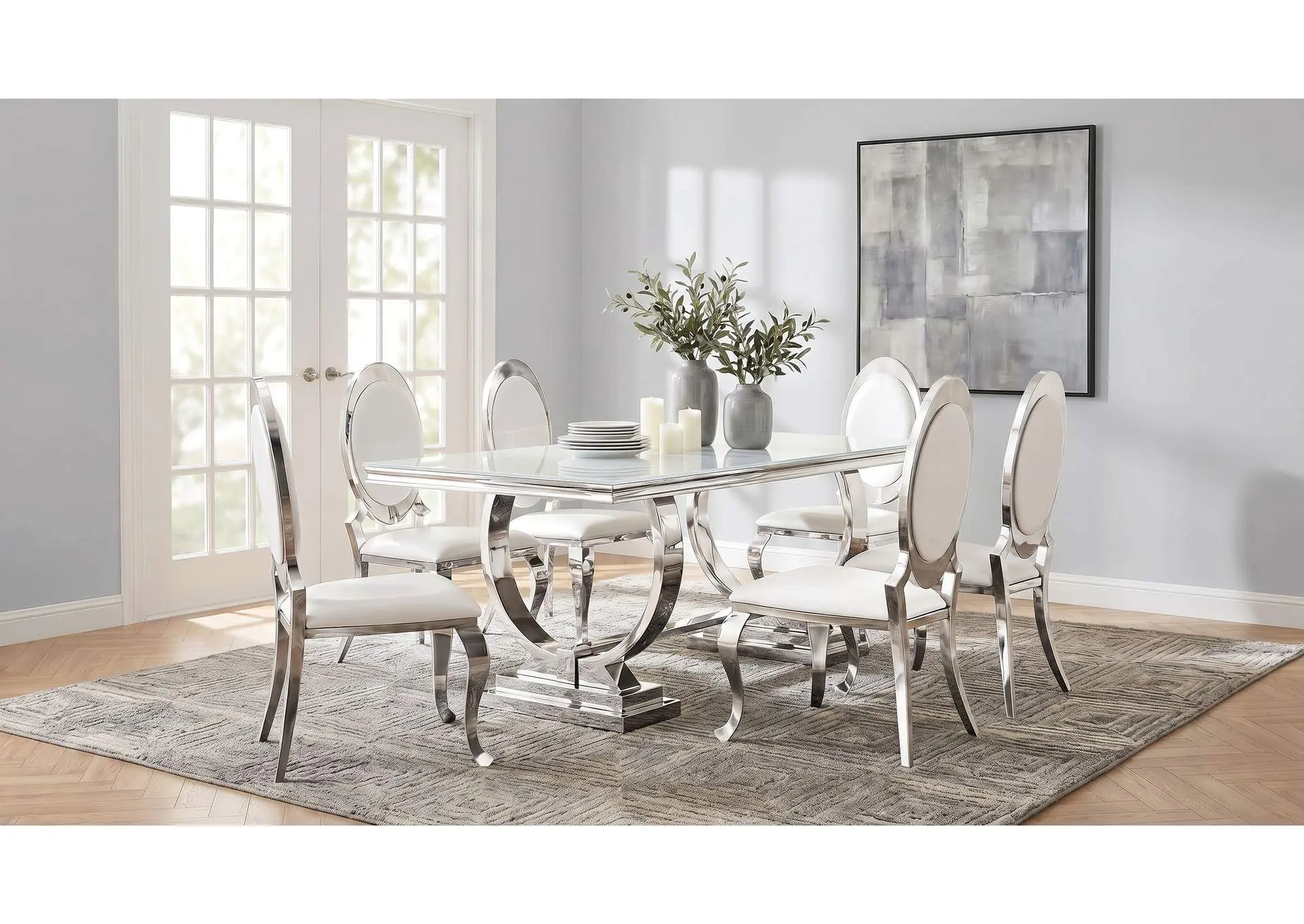 Antoine 7-piece White Tempered Glass Dining Set Cream White Chairs
