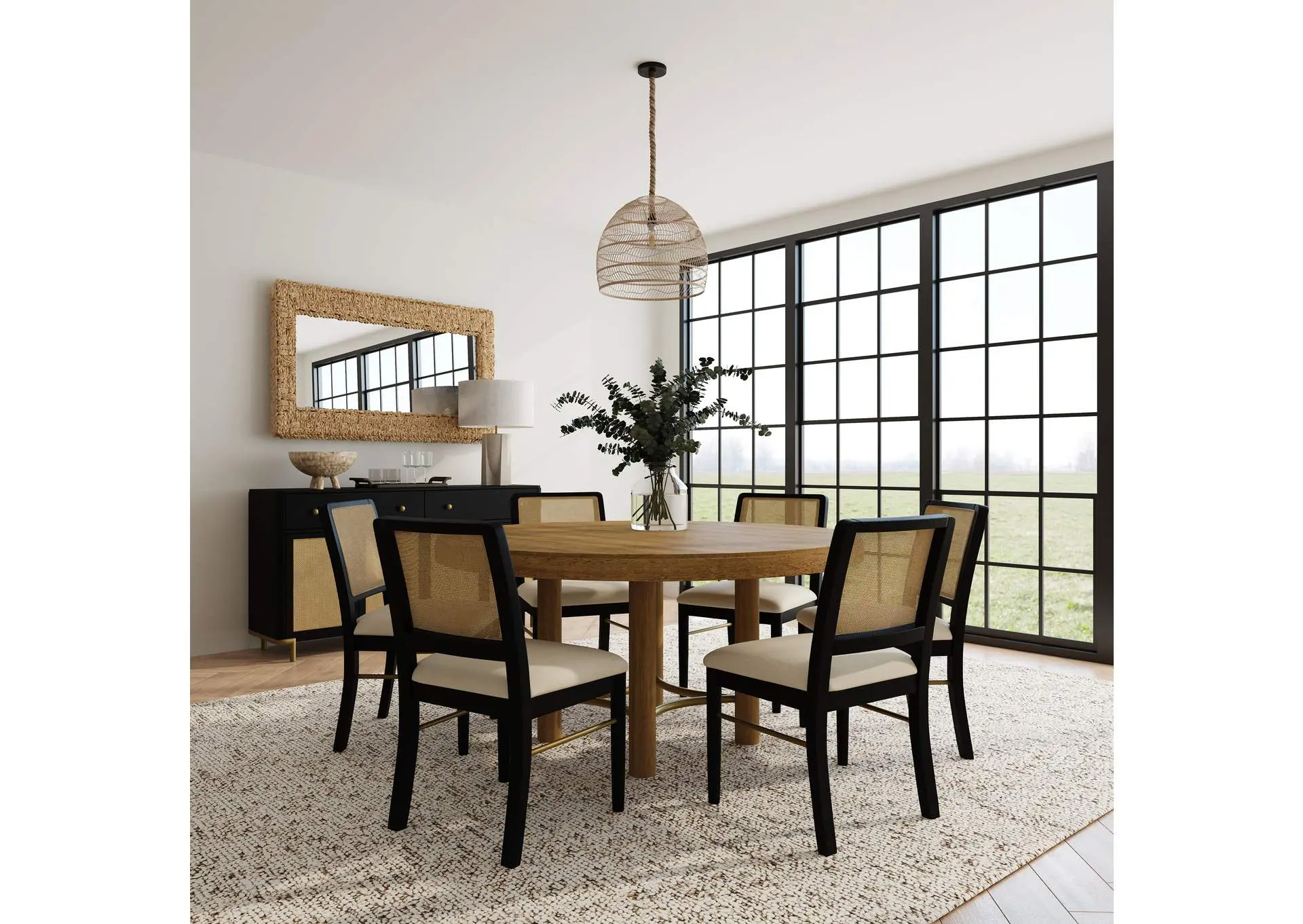Arini 7-piece Round Dining Table Set Sand Wash and Black