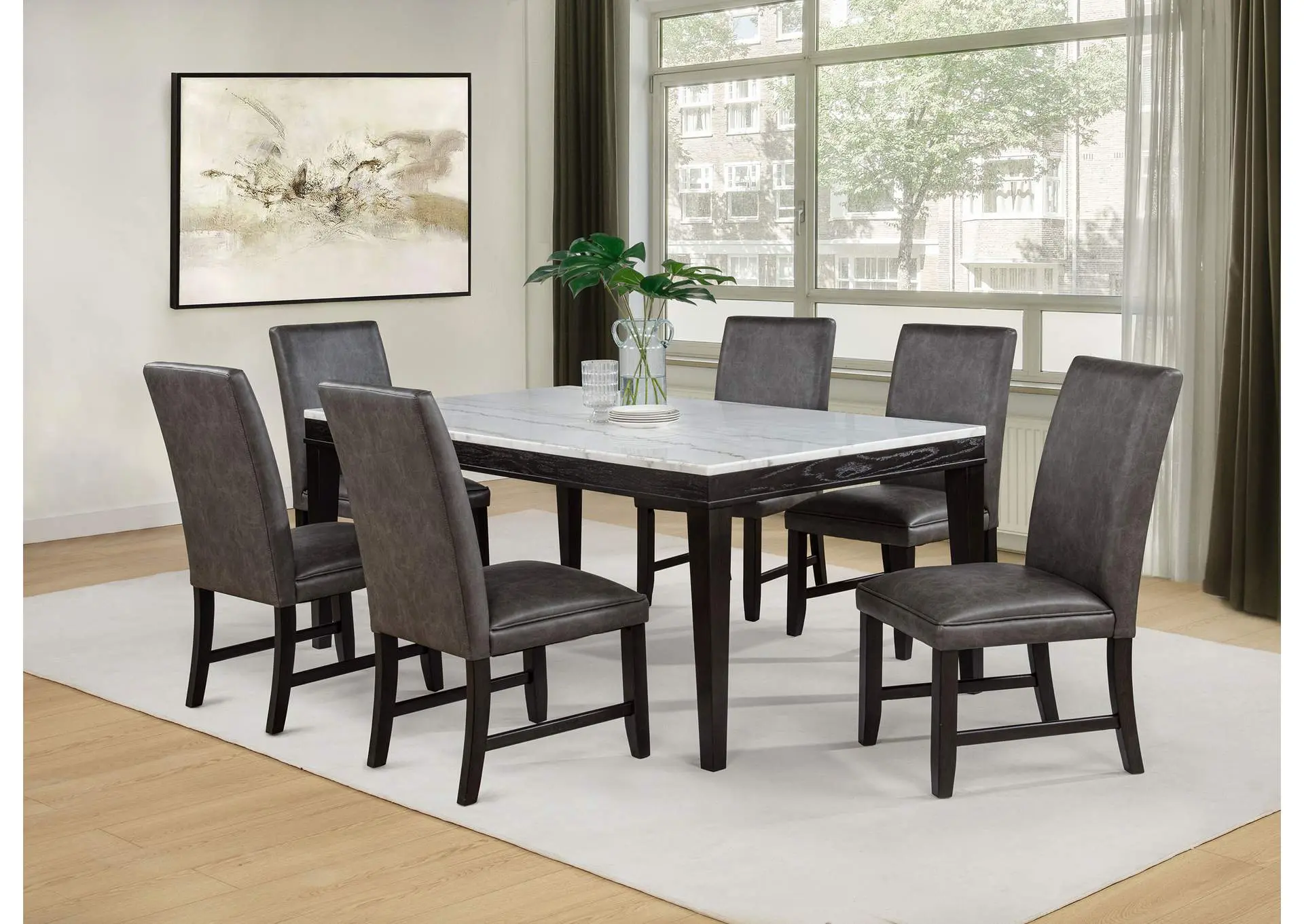 Averill 7-piece White Marble Top Dining Set Dark Grey and Coffee Bean