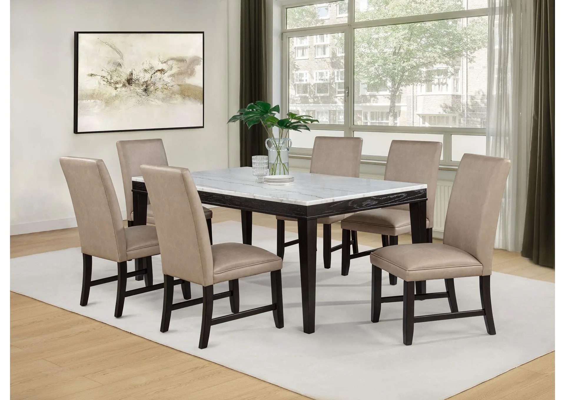 Averill 7-piece White Marble Top Dining Set Tan and Coffee Bean
