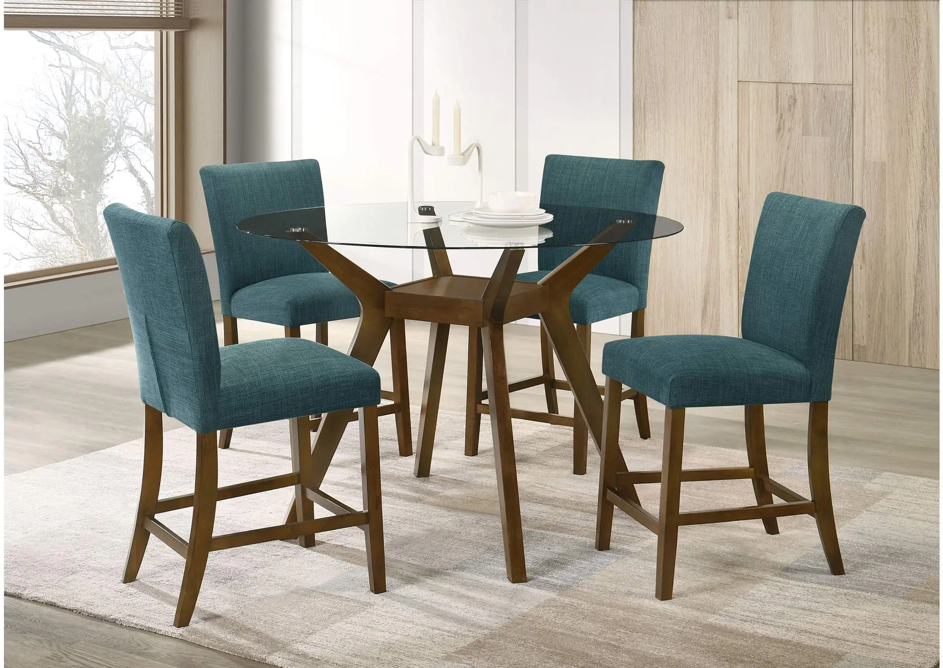 Paxton 5-piece Round Glass Top Counter Height Dining Set Teal Blue