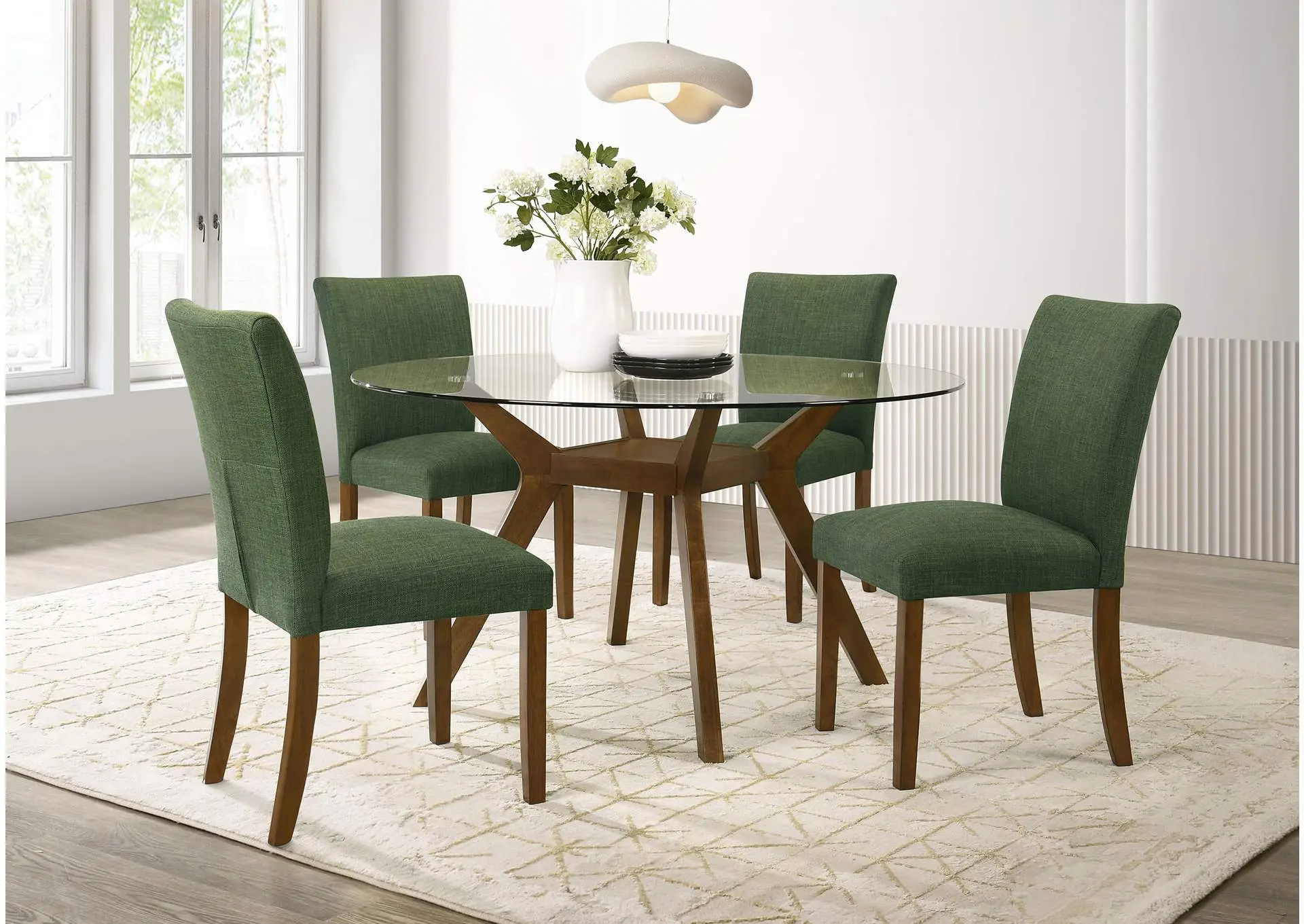 Paxton 5-Piece Round Glass Top Dining Set with Green Parsons Chairs