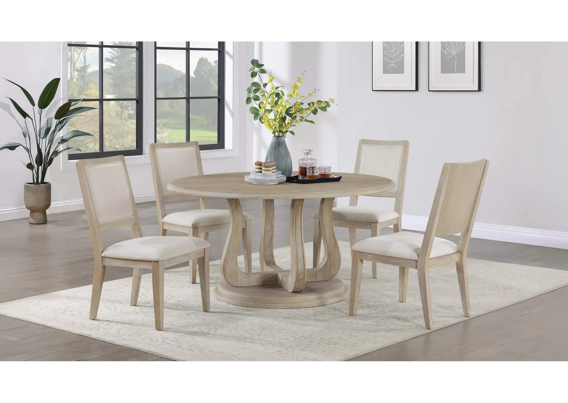 Trofello 5-Piece Farmhouse Round Pedestal Dining Set White Washed