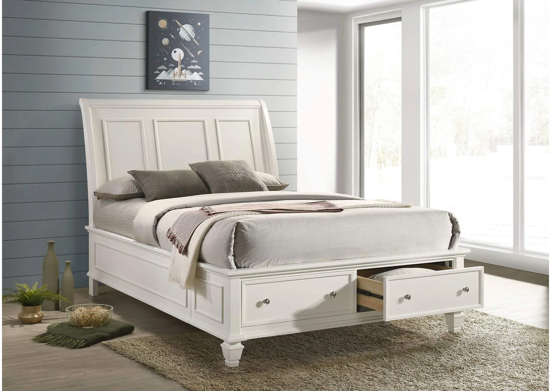 Sandy Beach Wood Queen Storage Panel Bed Cream White