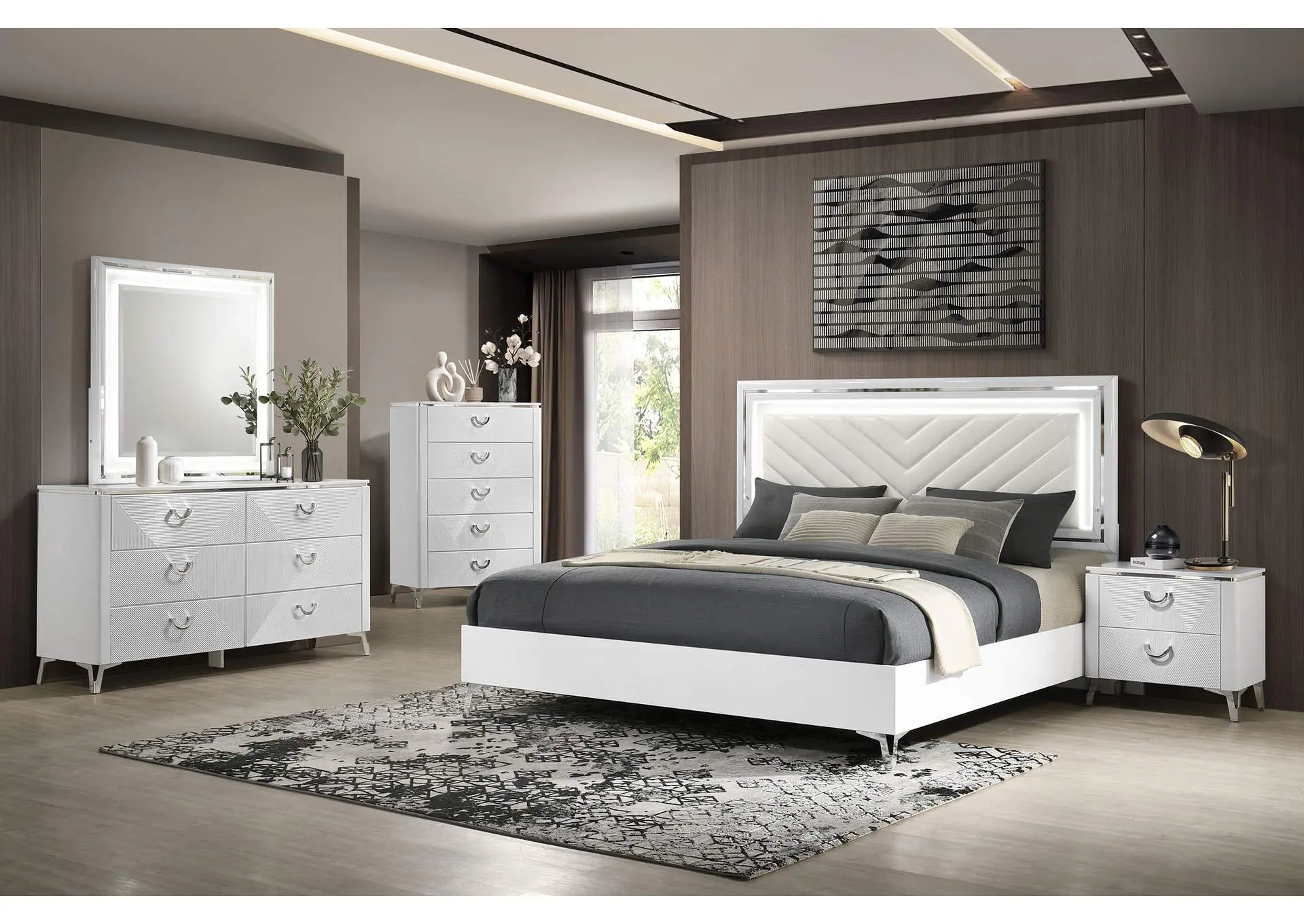 Cassia 5-piece Queen LED Bedroom Set White High Gloss