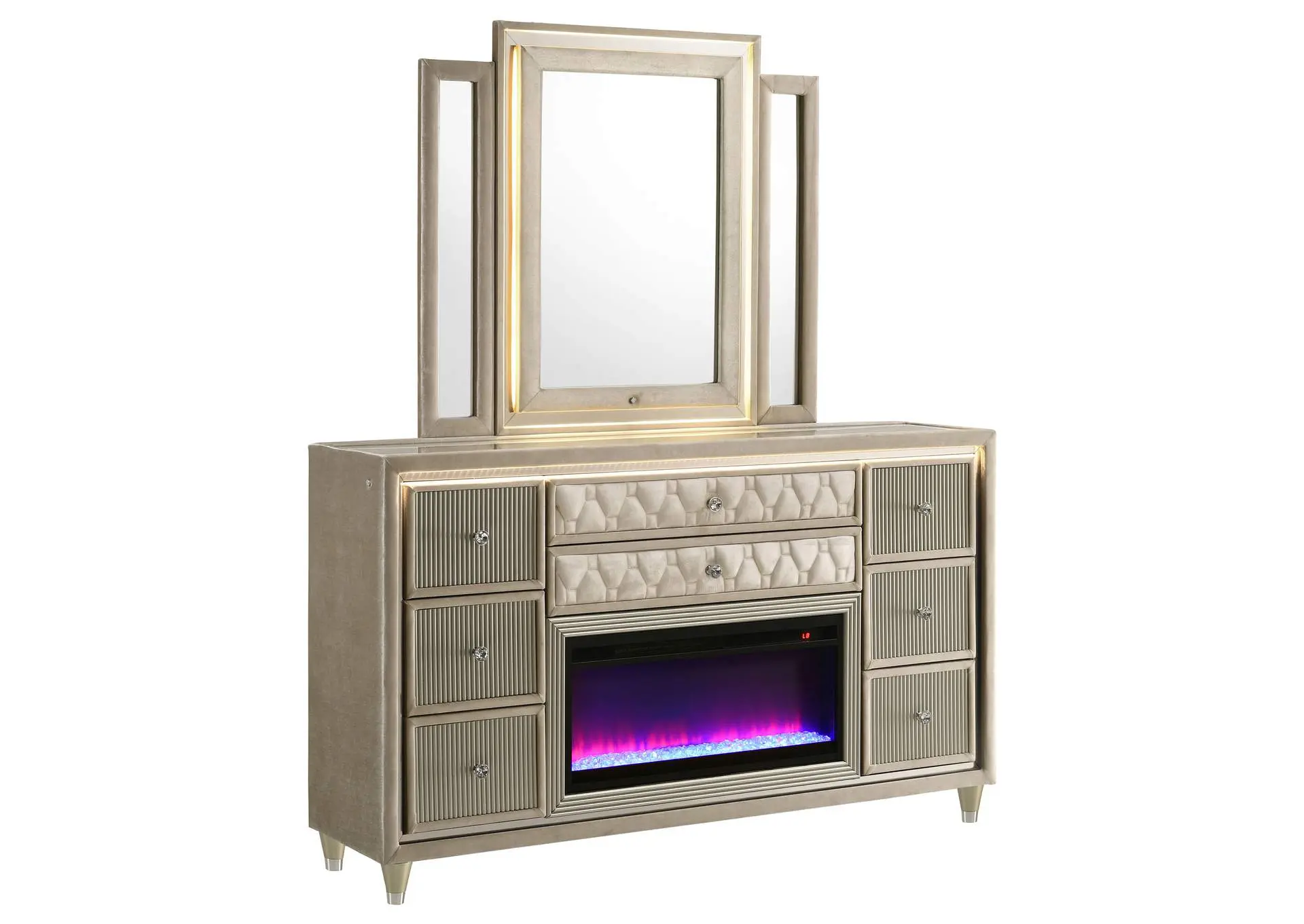 Lorient 8-drawer LED Flame Box Dresser and Mirror Ivory Camel