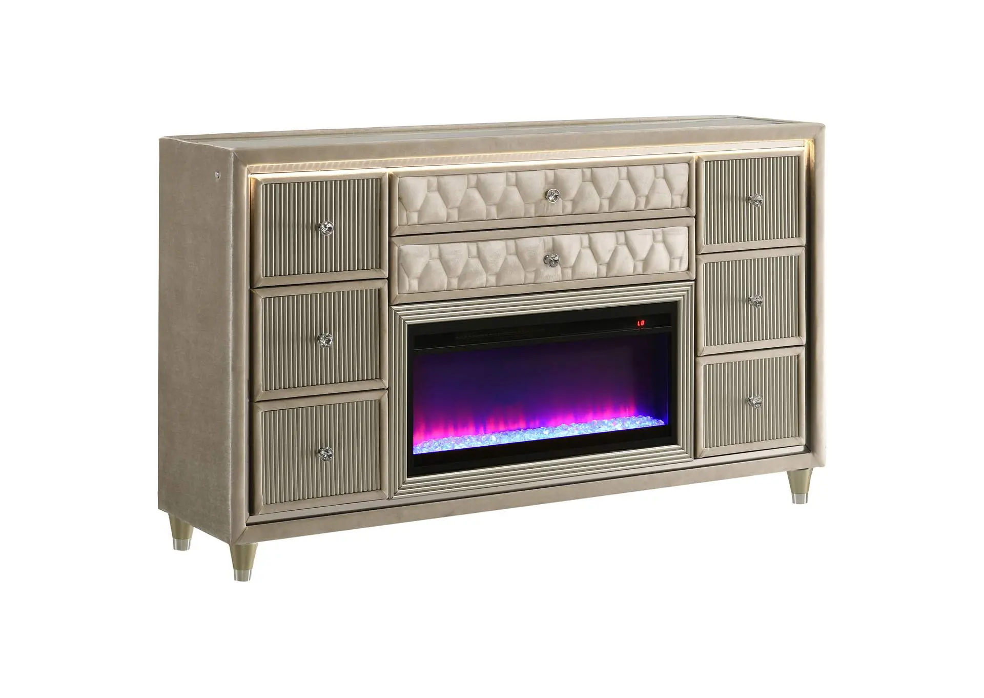 Lorient 8-drawer LED Bedroom Flame Box Dresser Ivory Camel