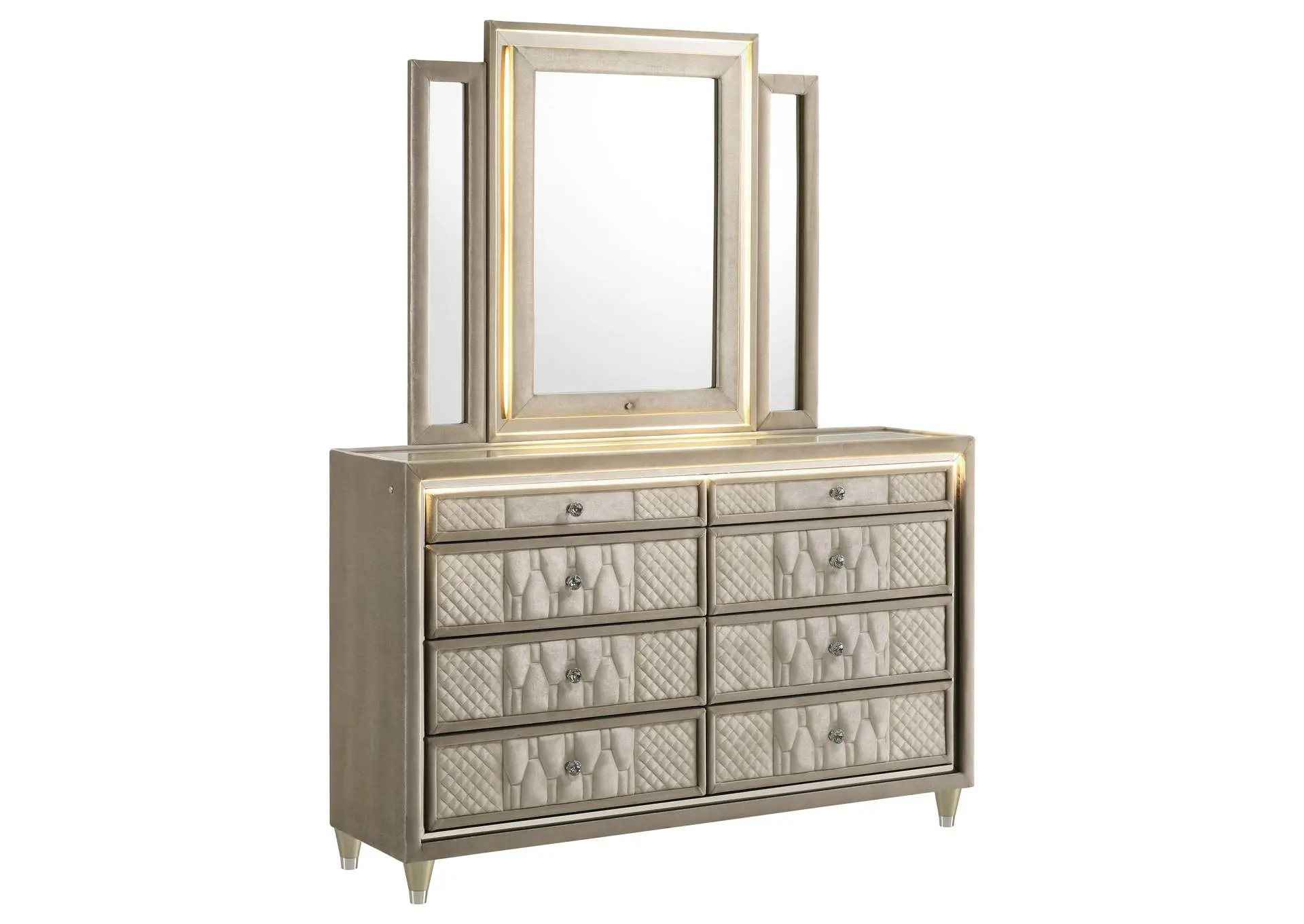Lorient 8-drawer LED Dresser with Mirror Ivory and Camel