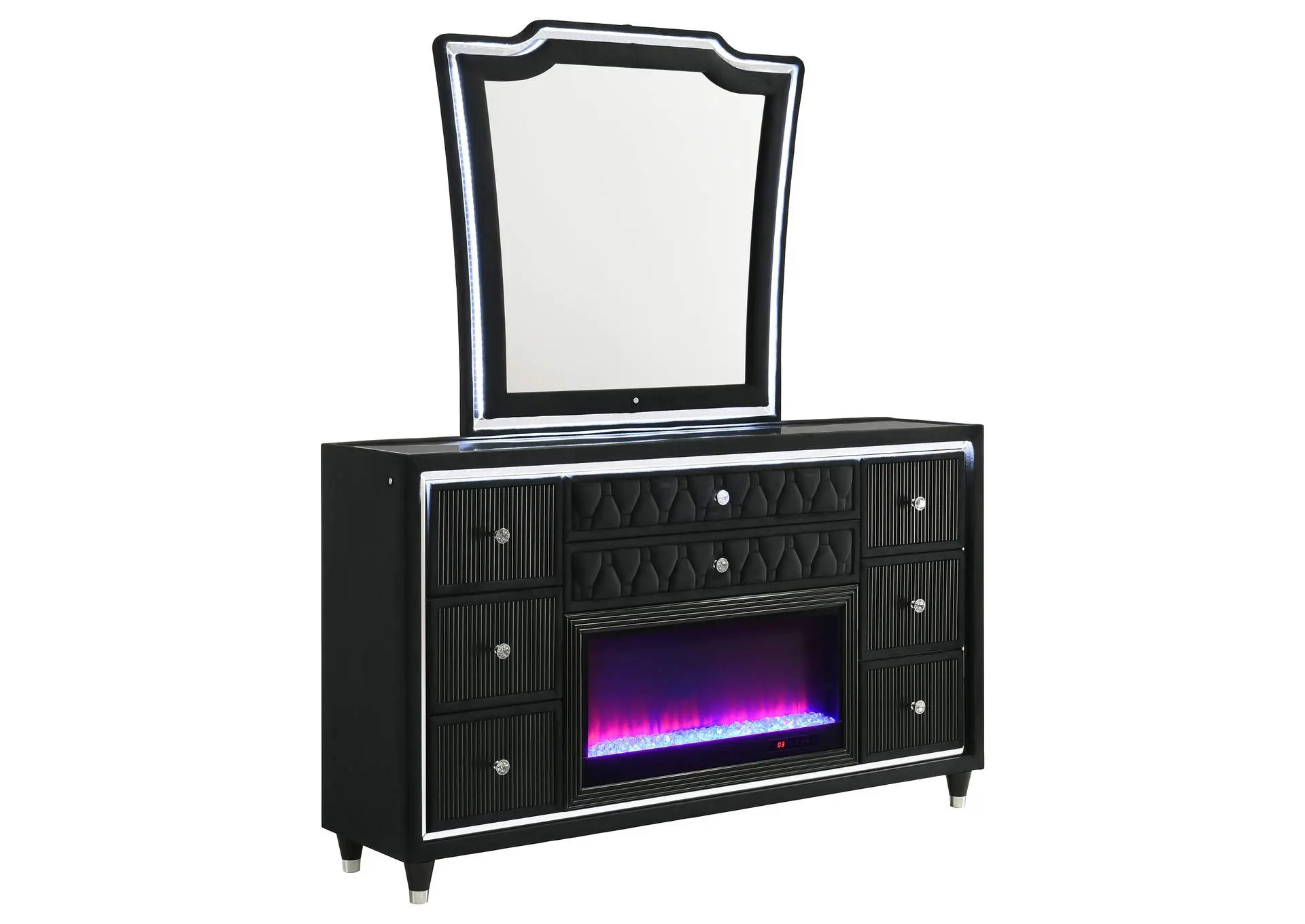 Lorient 8-drawer LED Flame Box Dresser and Mirror Black